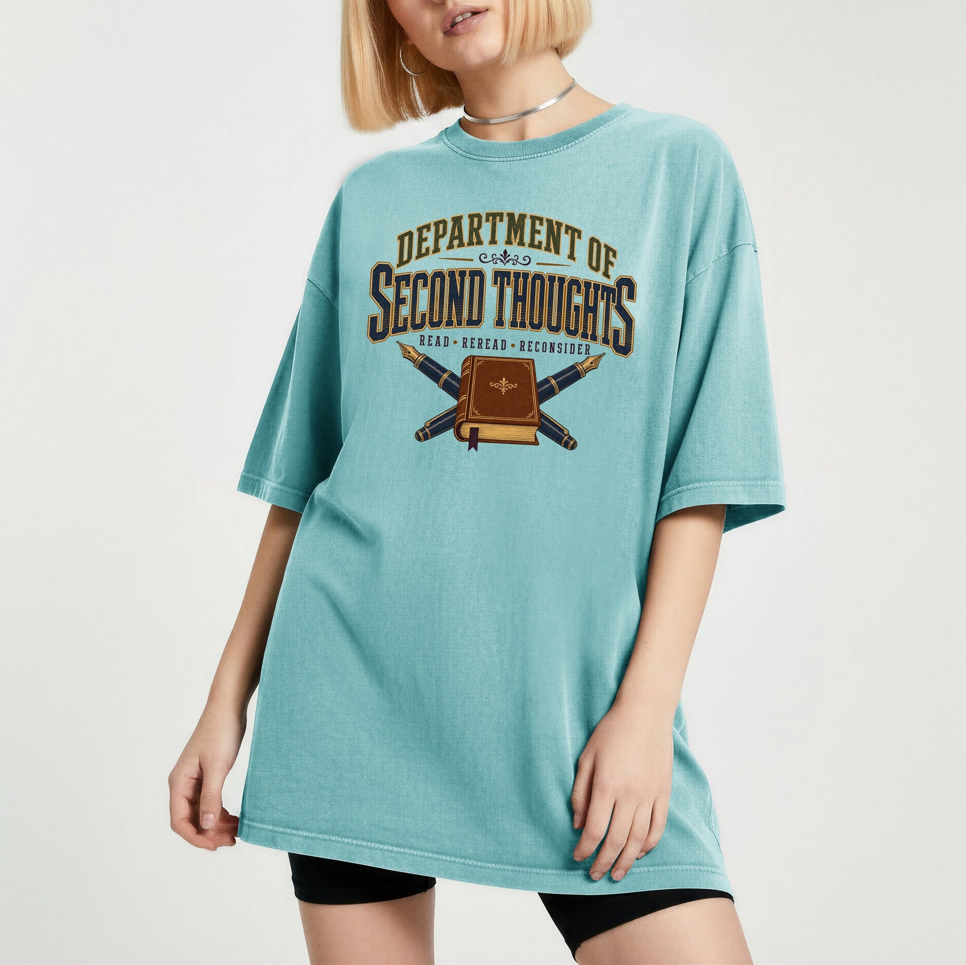 Department of Second Thoughts bookish tee in Seafoam, worn