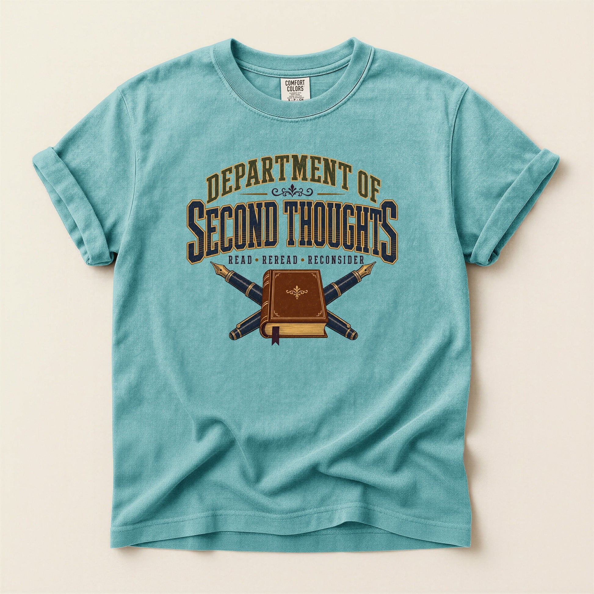 Department of Second Thoughts bookish tee in Seafoam, full flat