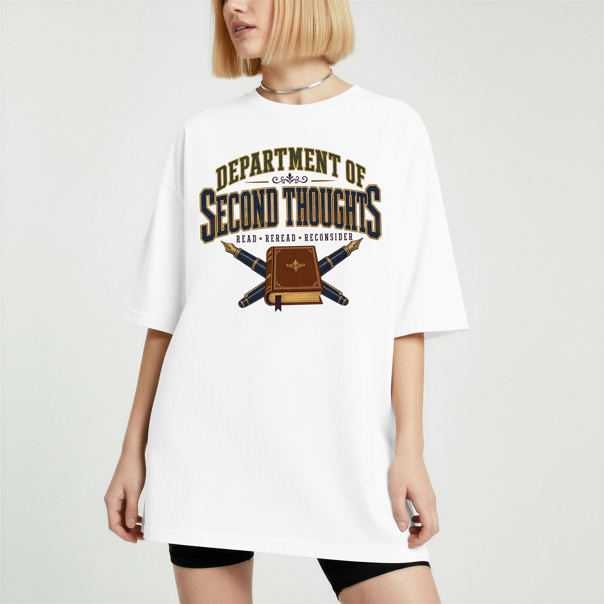 Department of Second Thoughts bookish tee in White, worn