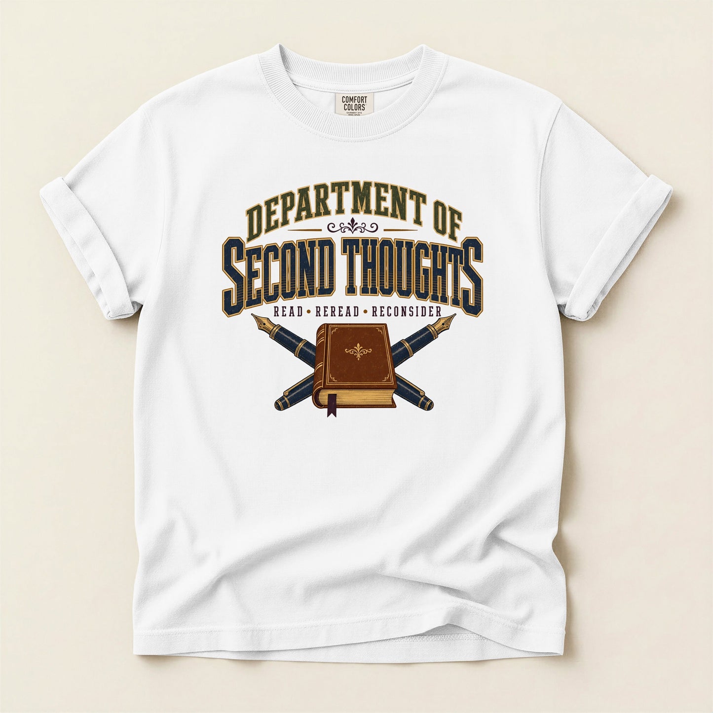 Department of Second Thoughts bookish tee in White, full flat