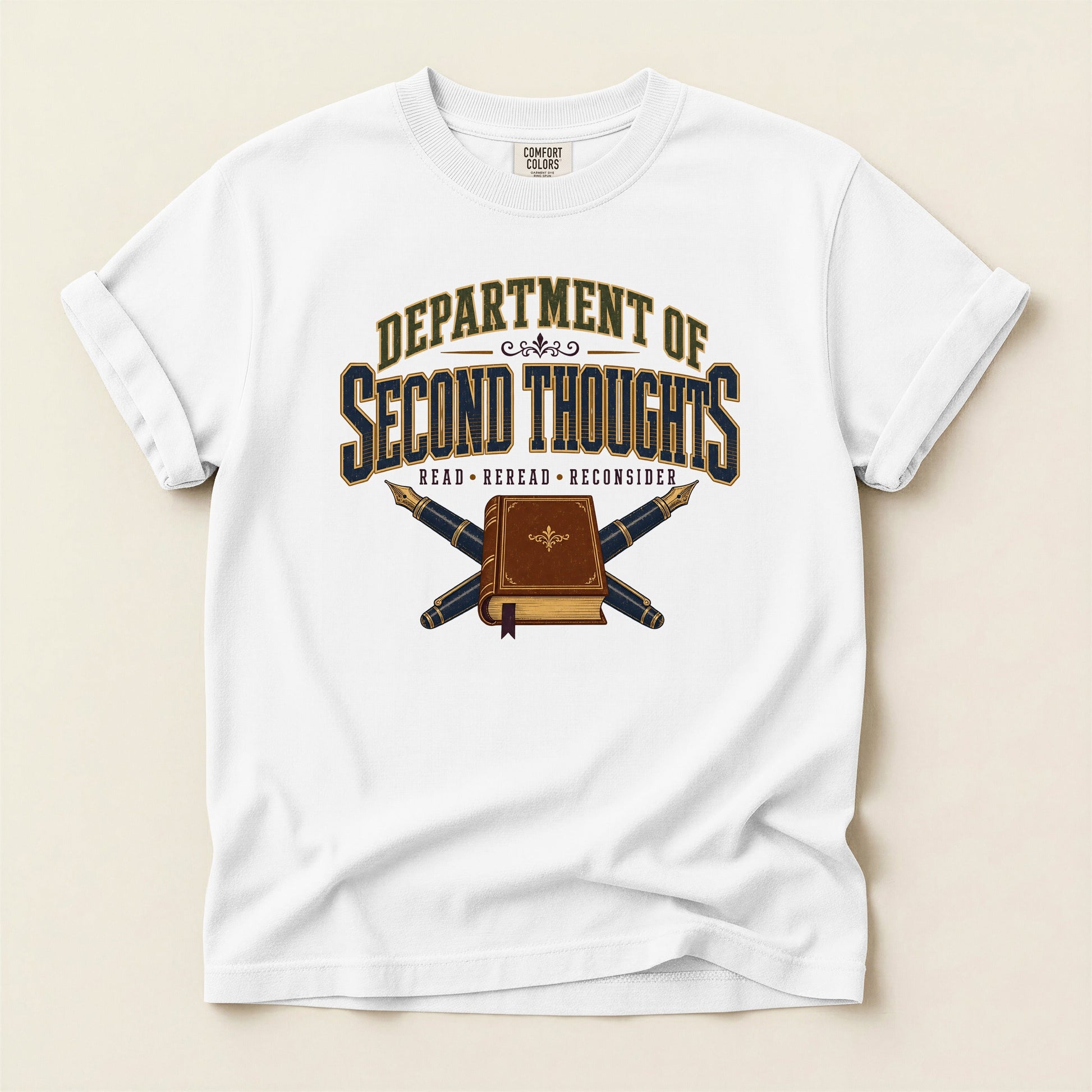 Department of Second Thoughts bookish tee in White, full flat