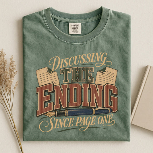Discussing the Ending Since Page One bookish tee in Moss, flat lay