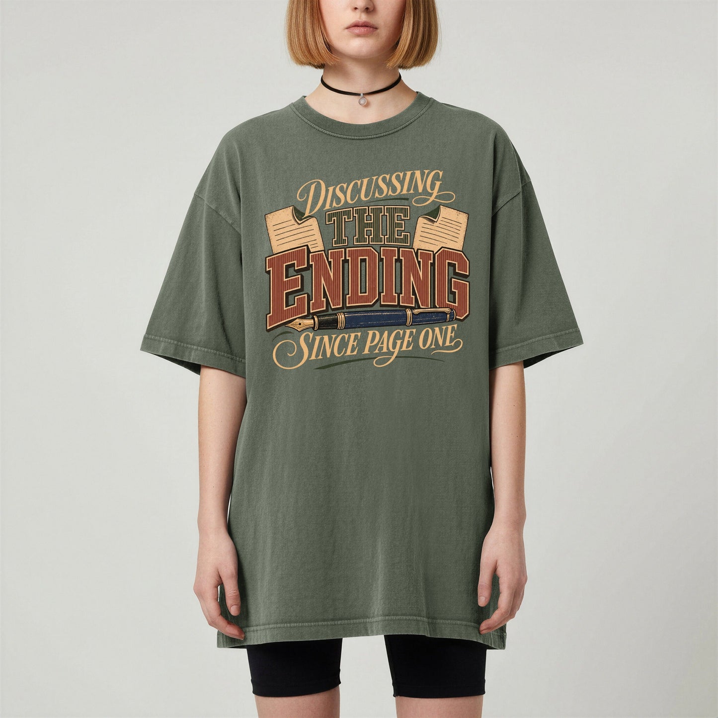 Discussing the Ending Since Page One bookish tee in Moss, worn