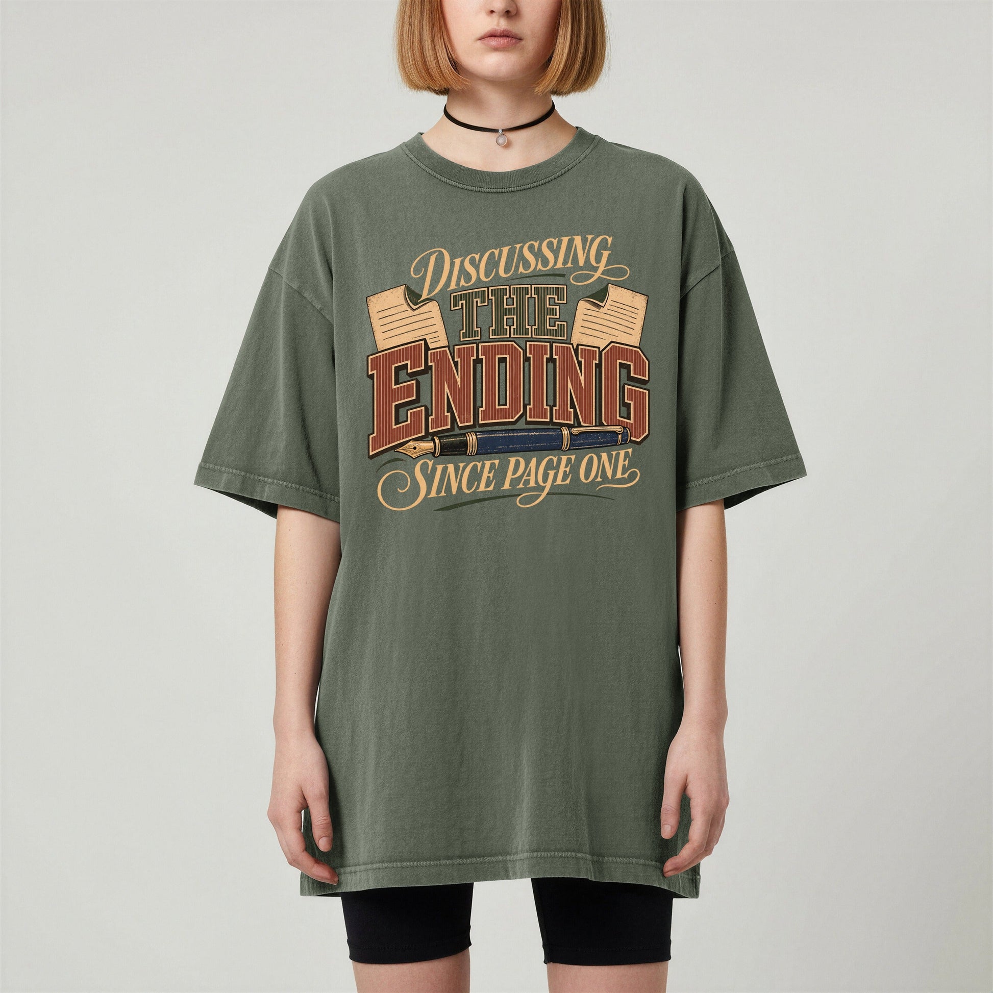 Discussing the Ending Since Page One bookish tee in Moss, worn