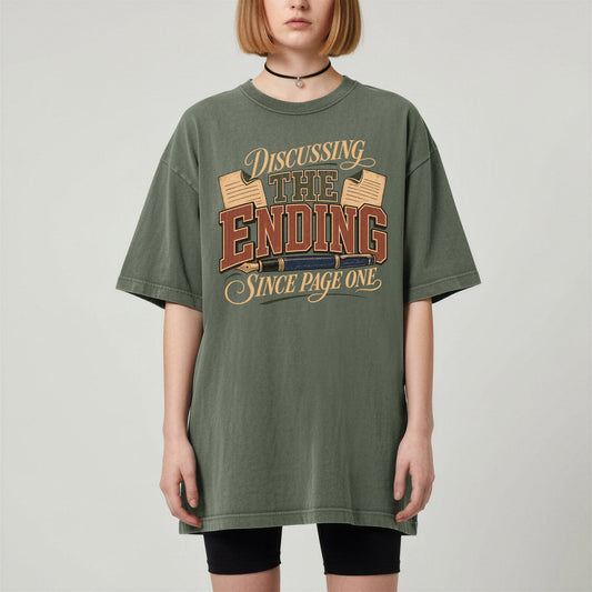 Discussing the Ending Since Page One bookish tee in Moss, worn