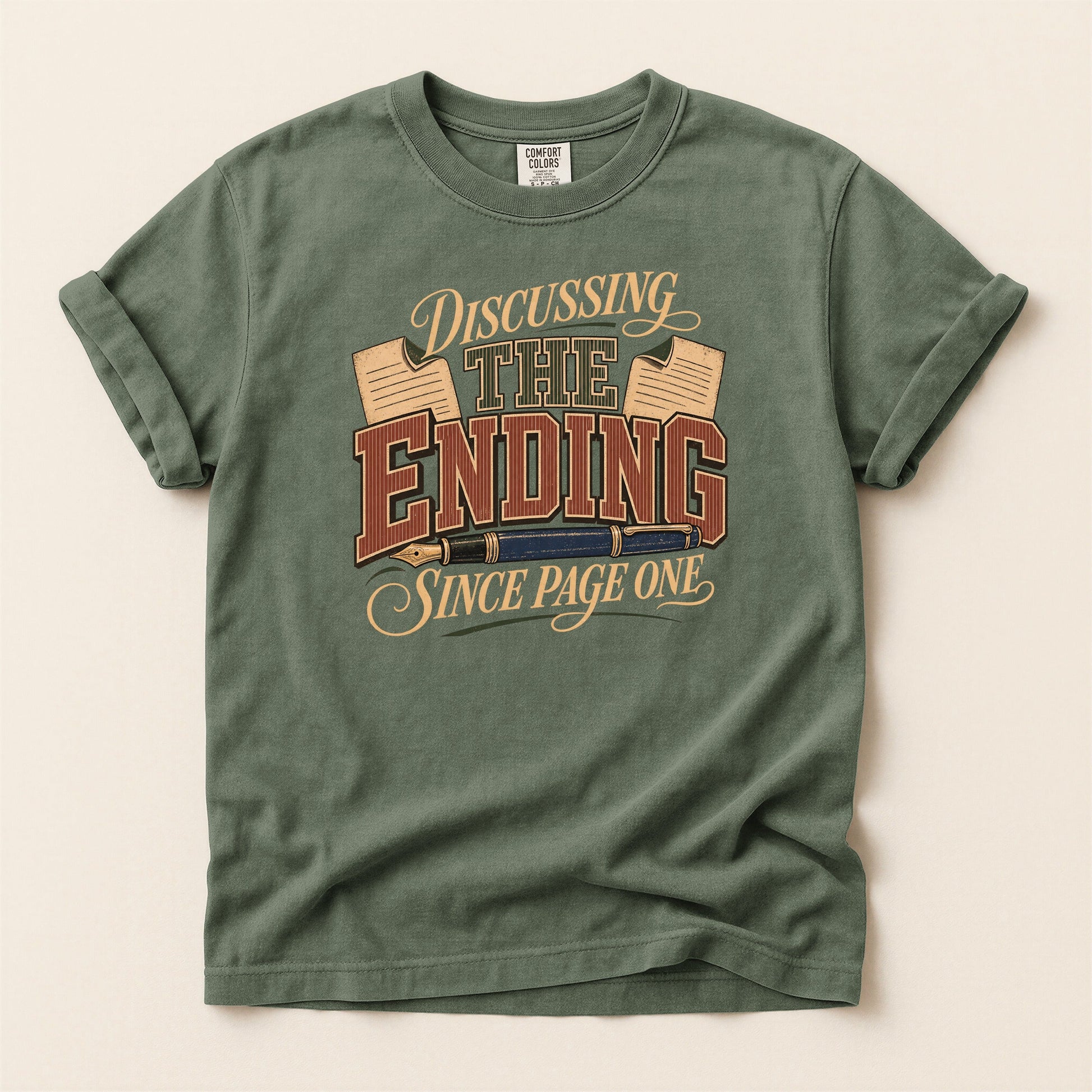 Discussing the Ending Since Page One bookish tee in Moss, full flat