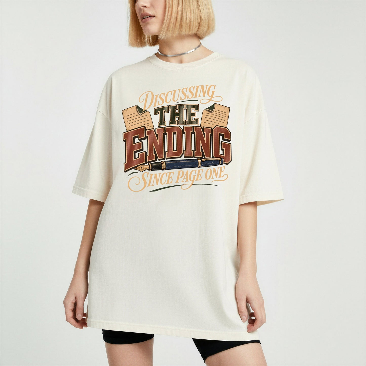 Discussing the Ending Since Page One bookish tee in Ivory, worn