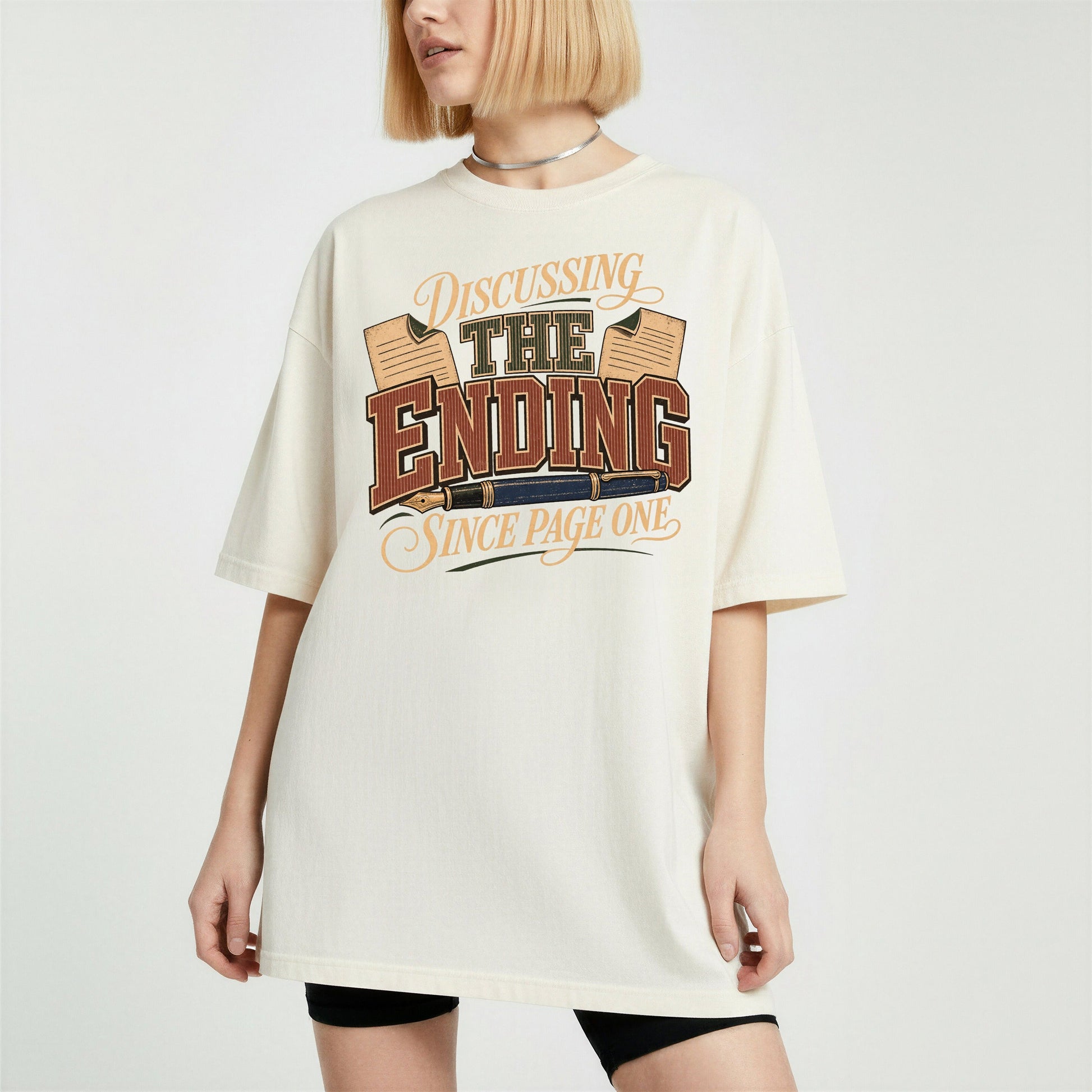 Discussing the Ending Since Page One bookish tee in Ivory, worn