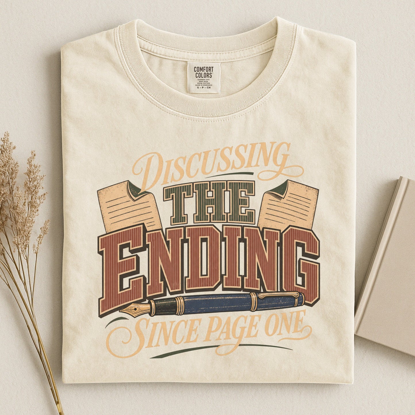 Discussing the Ending Since Page One bookish tee in Ivory, flat lay