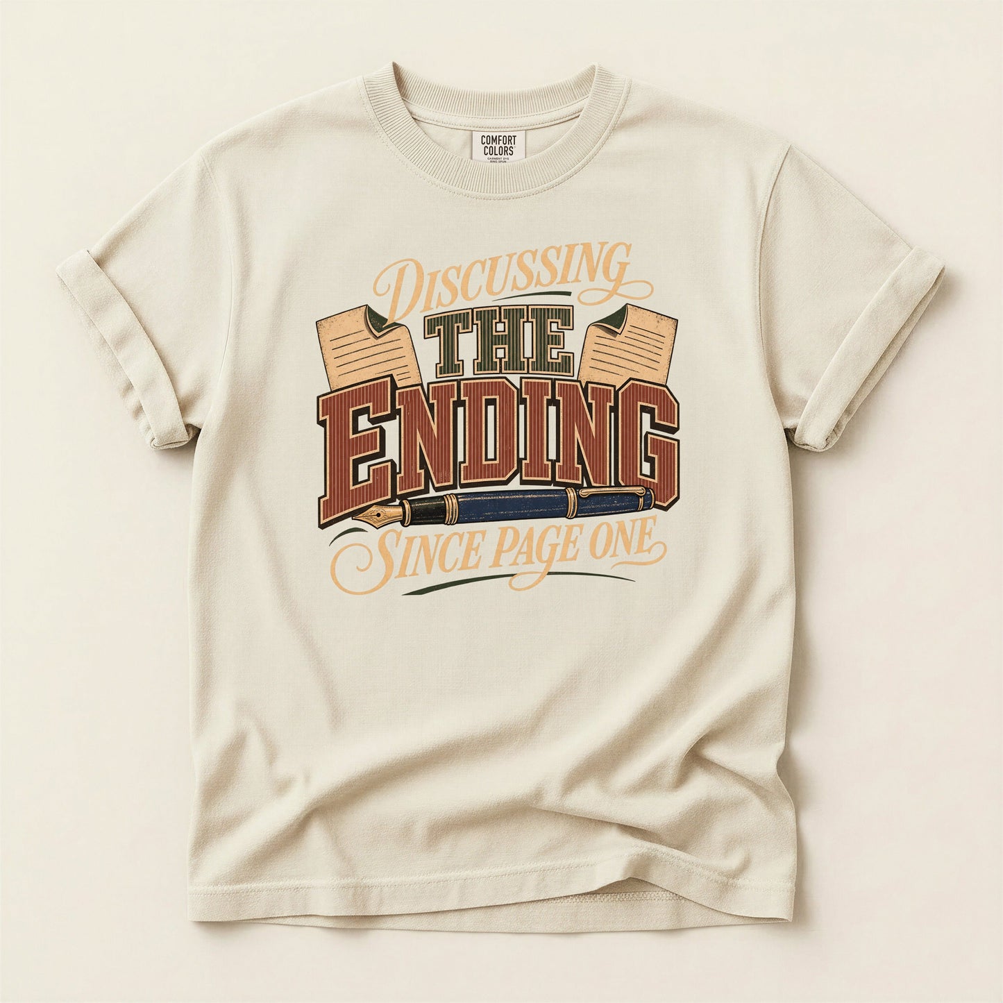Discussing the Ending Since Page One bookish tee in Ivory, full flat