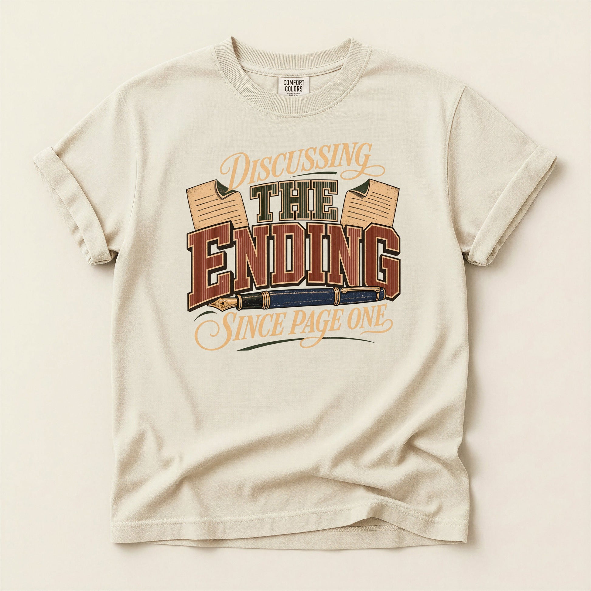 Discussing the Ending Since Page One bookish tee in Ivory, full flat