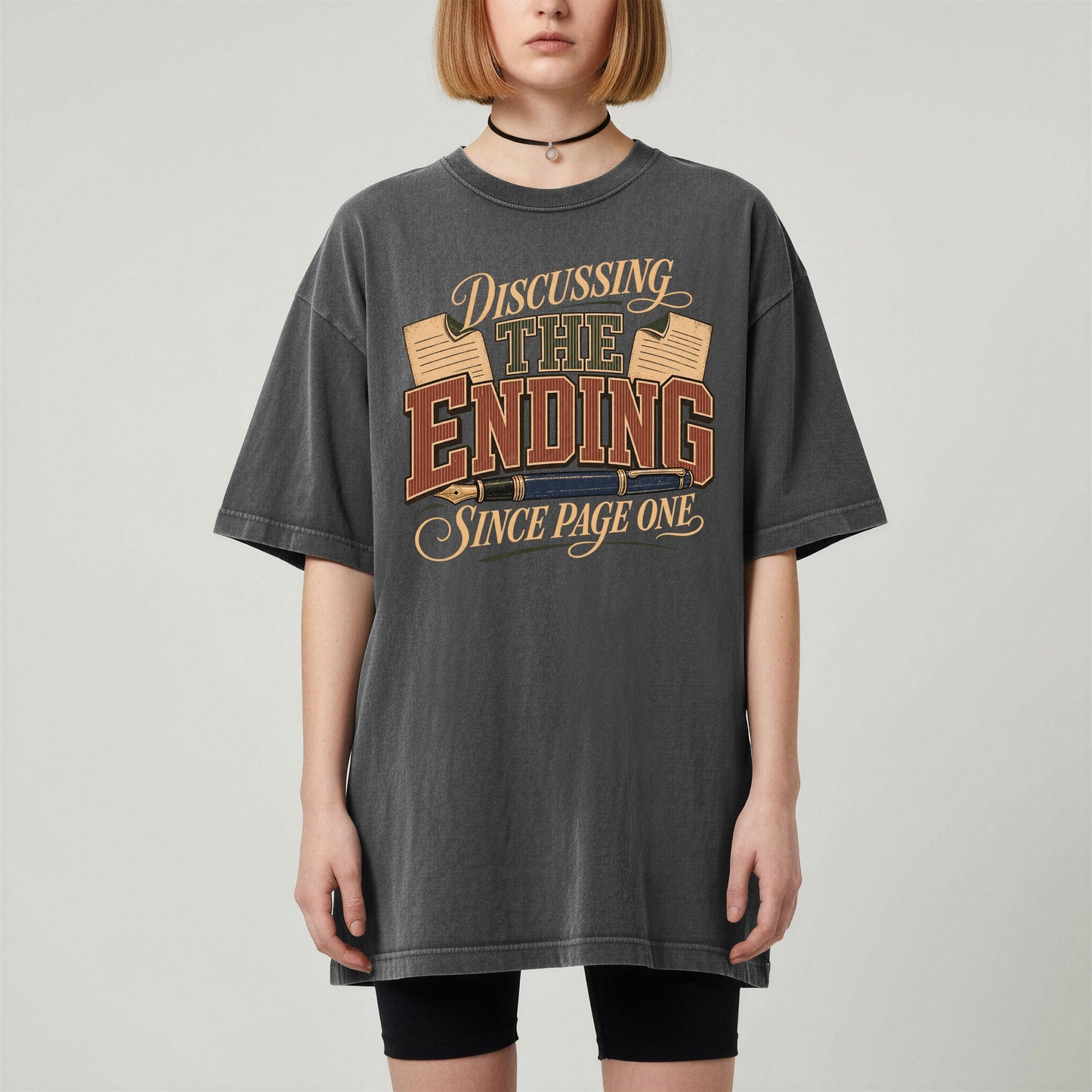 Discussing the Ending Since Page One bookish tee in Pepper, worn