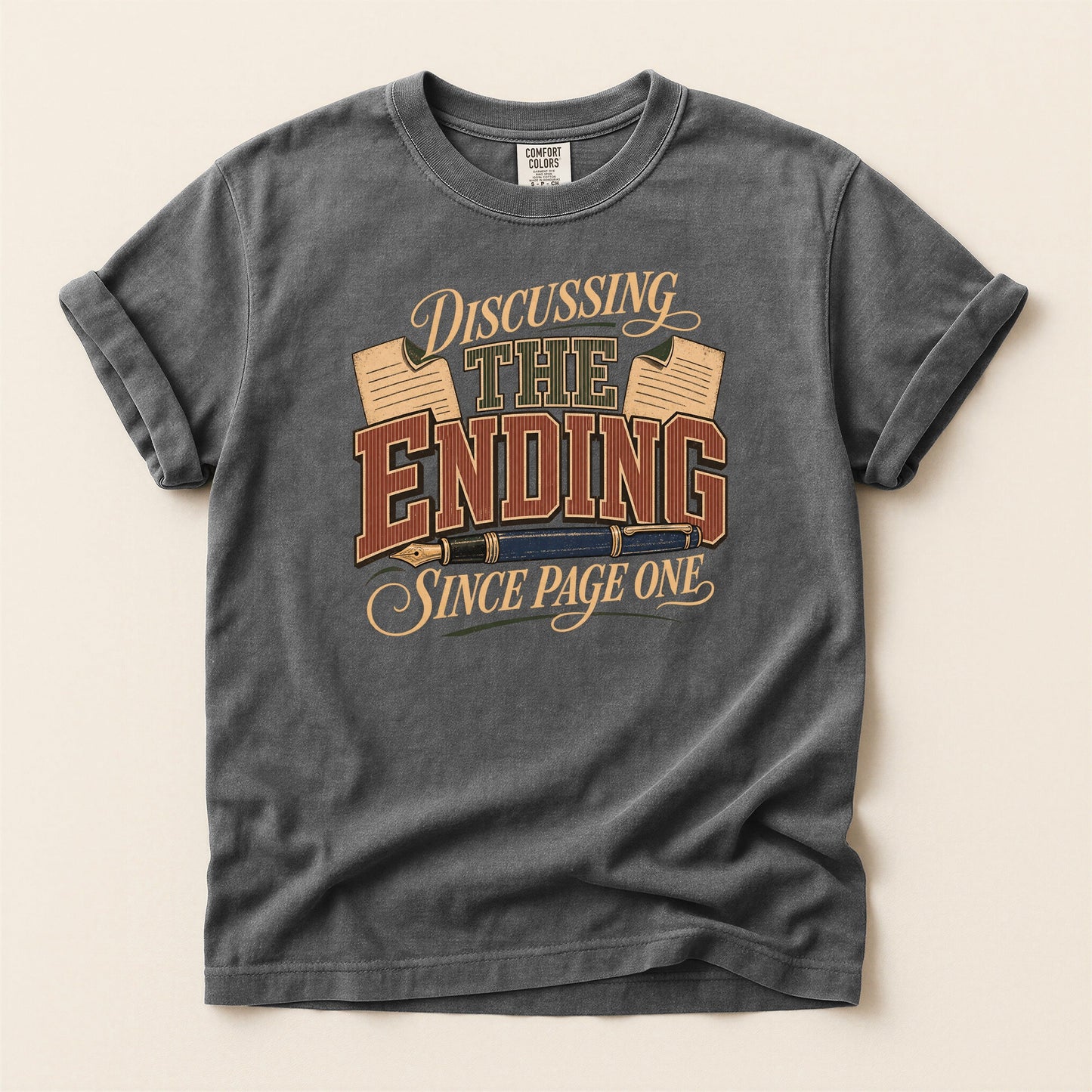 Discussing the Ending Since Page One bookish tee in Pepper, full flat
