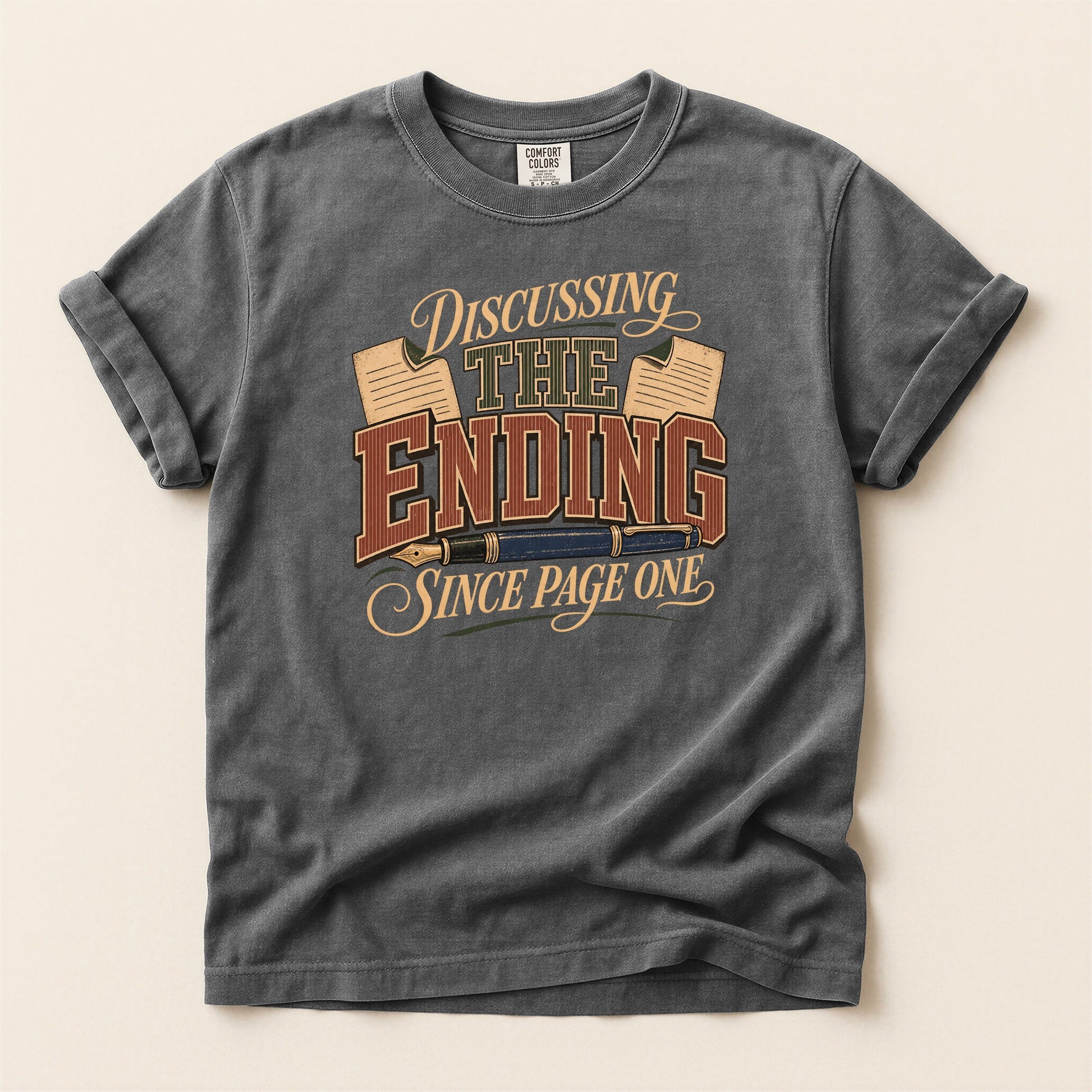 Discussing the Ending Since Page One bookish tee in Pepper, full flat