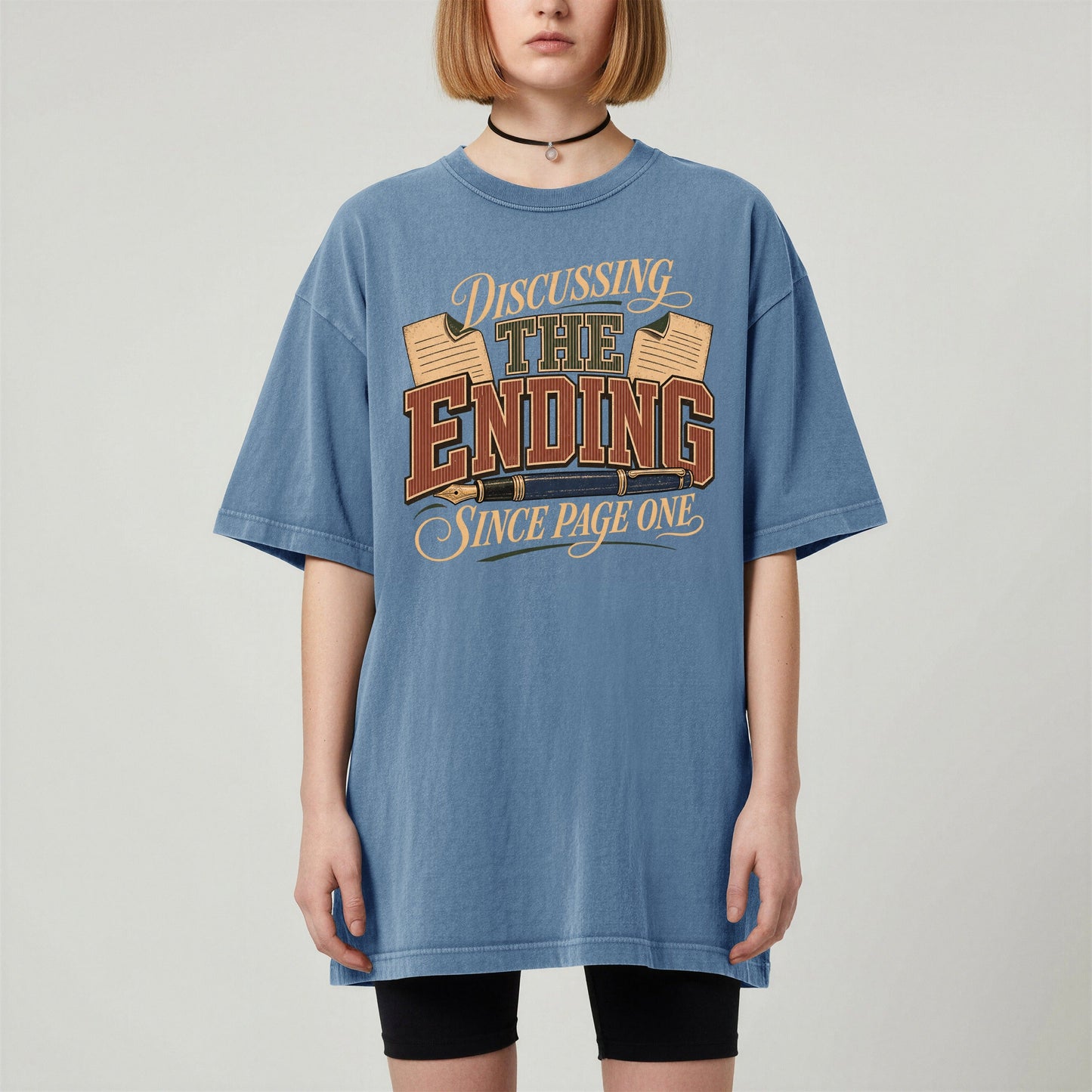 Discussing the Ending Since Page One bookish tee in Blue Jean, worn