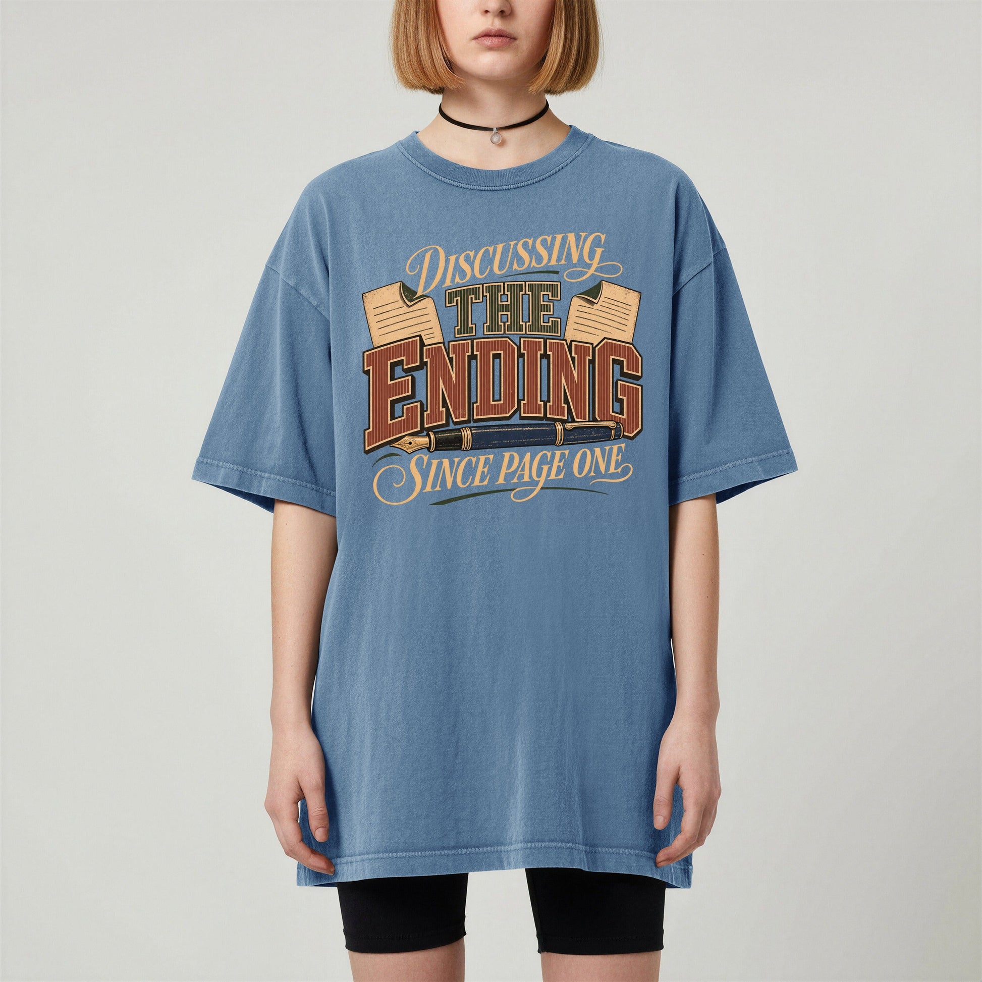 Discussing the Ending Since Page One bookish tee in Blue Jean, worn