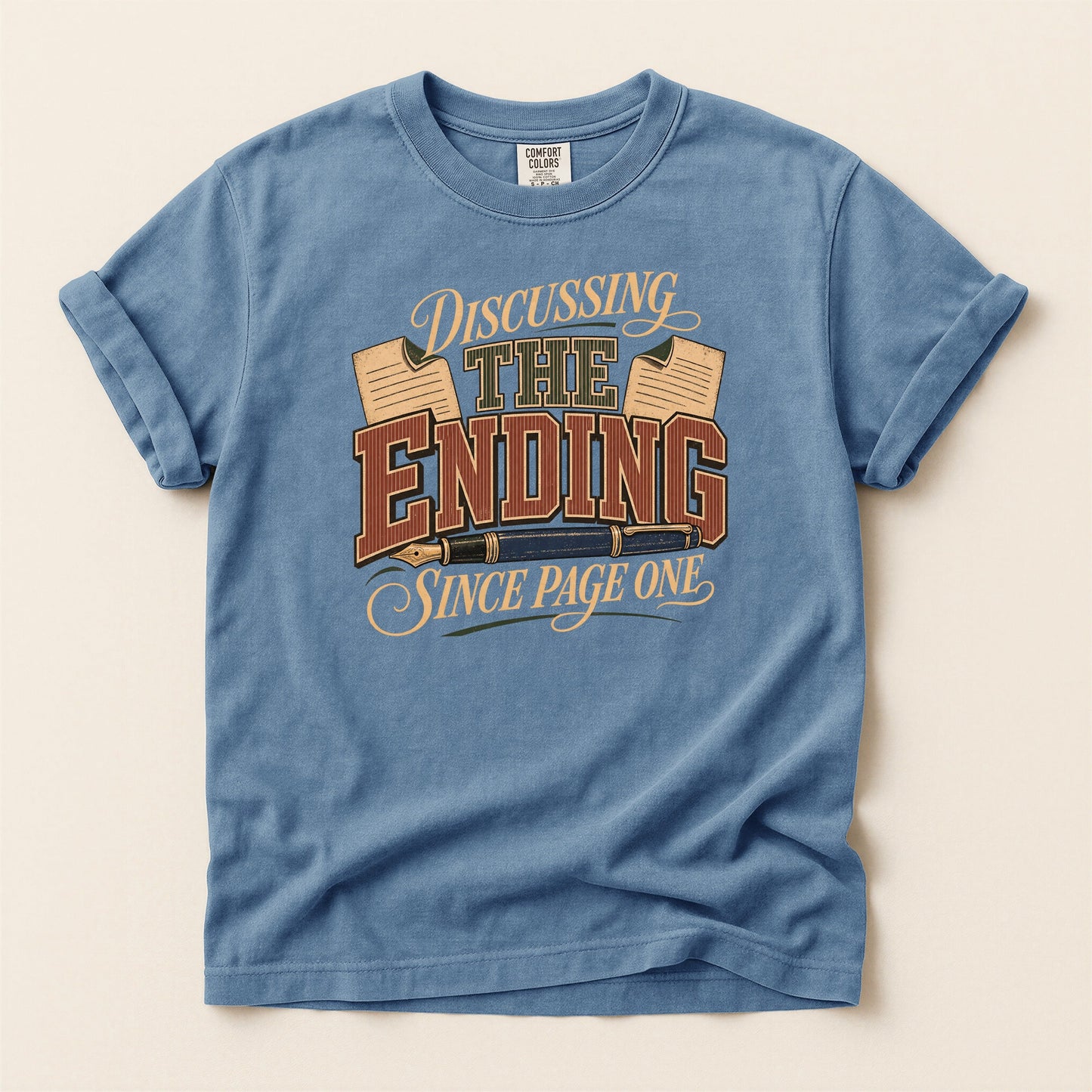 Discussing the Ending Since Page One bookish tee in Blue Jean, full flat