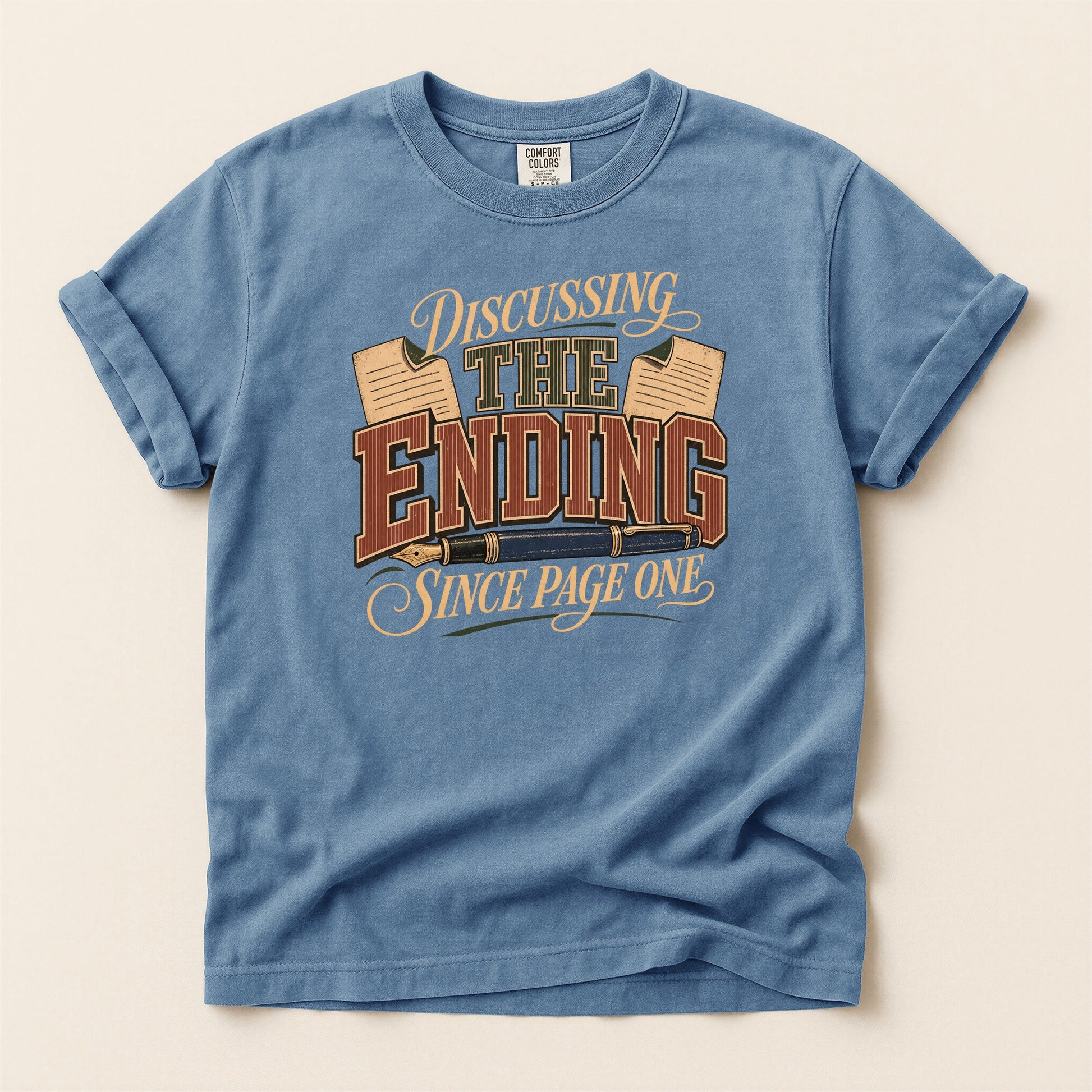Discussing the Ending Since Page One bookish tee in Blue Jean, full flat