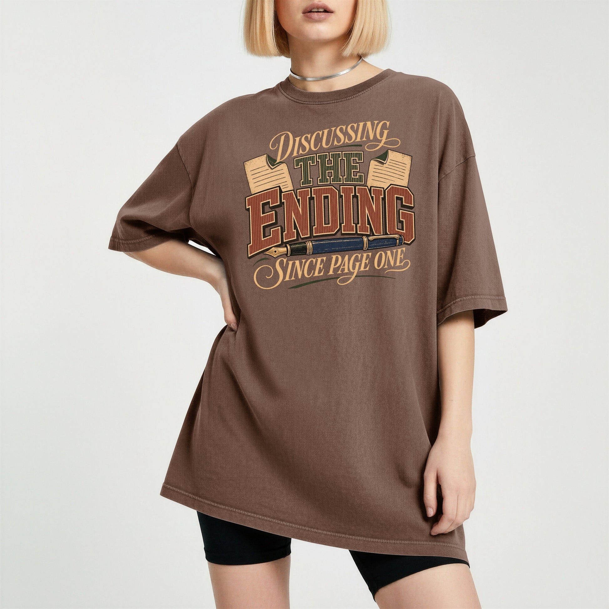 Discussing the Ending Since Page One bookish tee in Espresso, worn