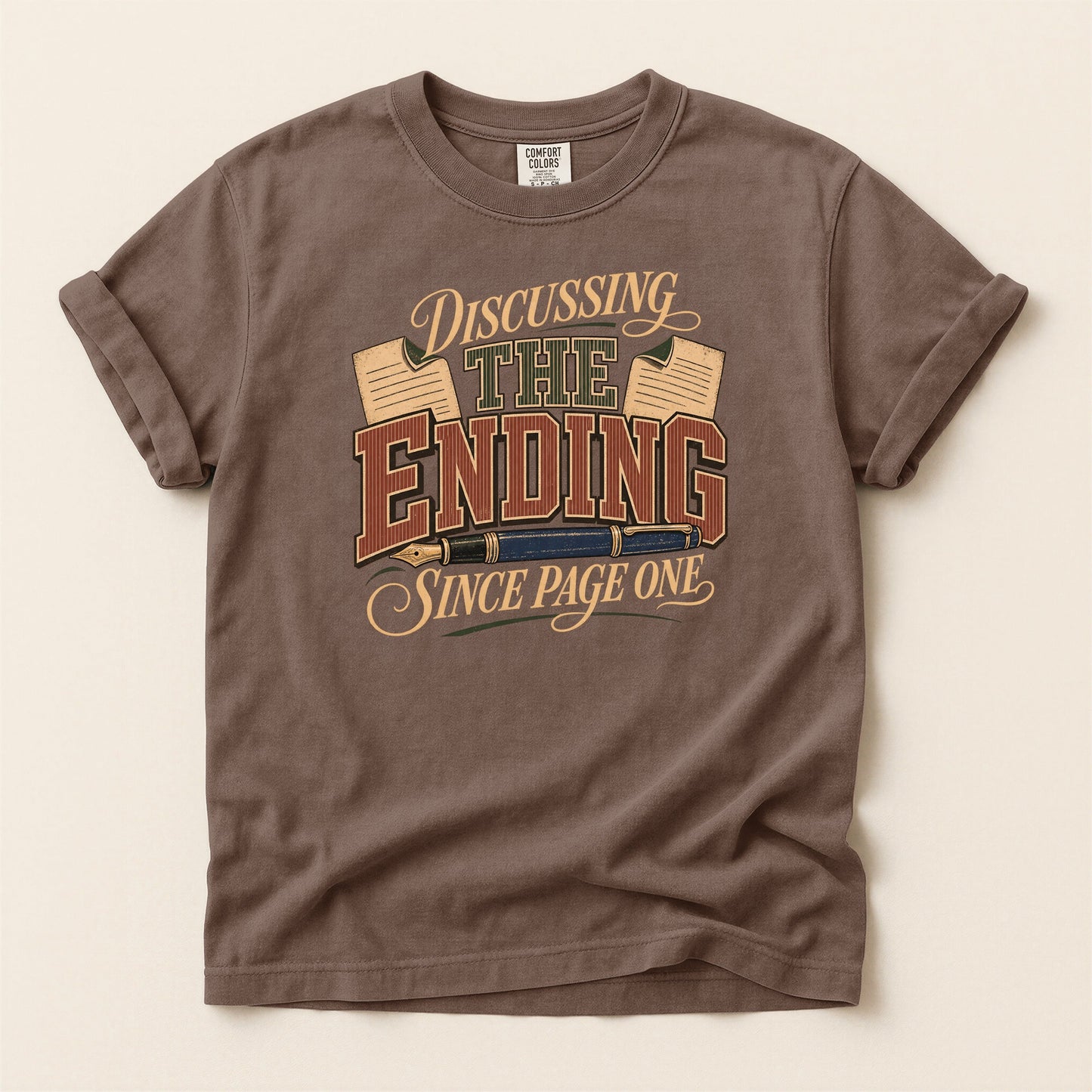 Discussing the Ending Since Page One bookish tee in Espresso, full flat