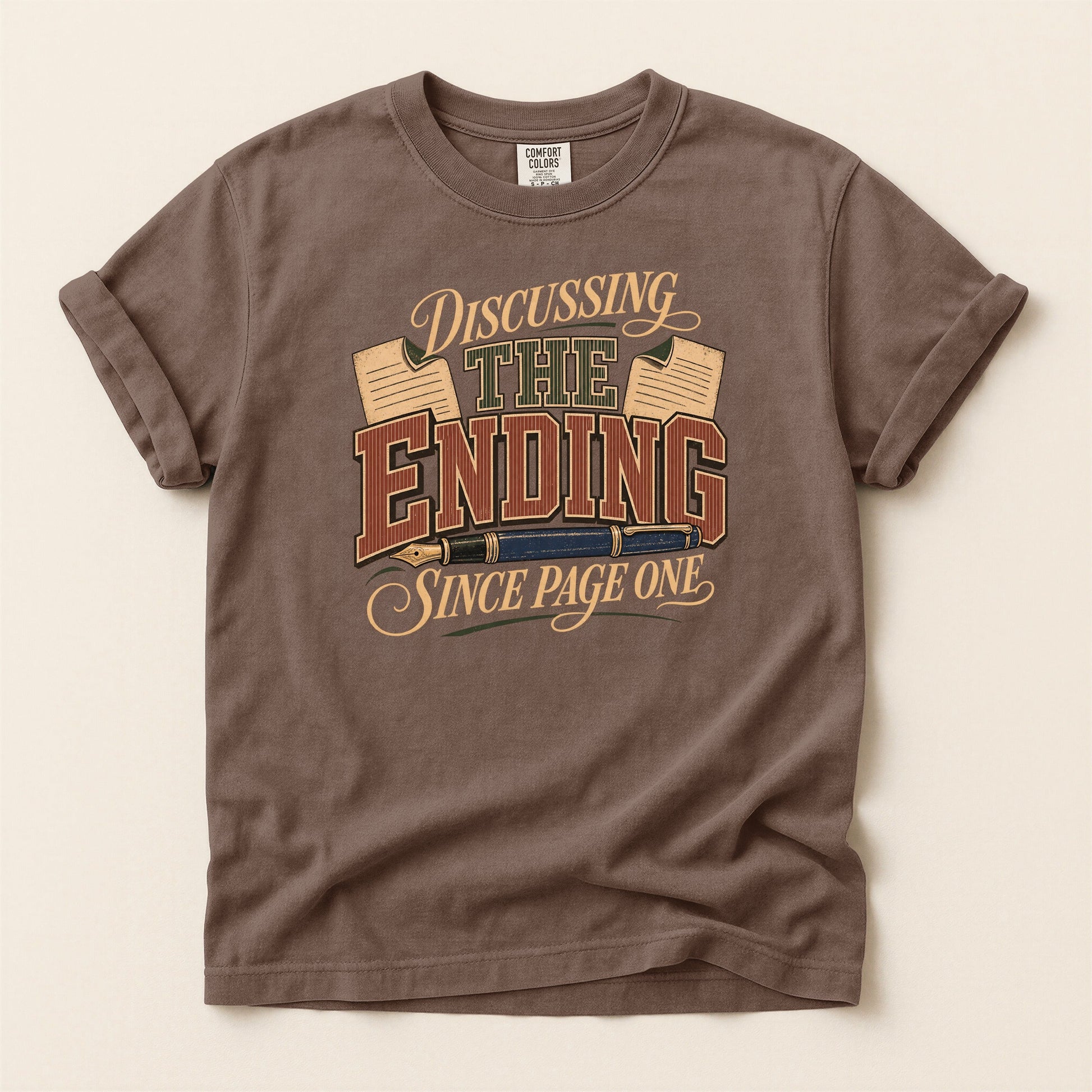 Discussing the Ending Since Page One bookish tee in Espresso, full flat