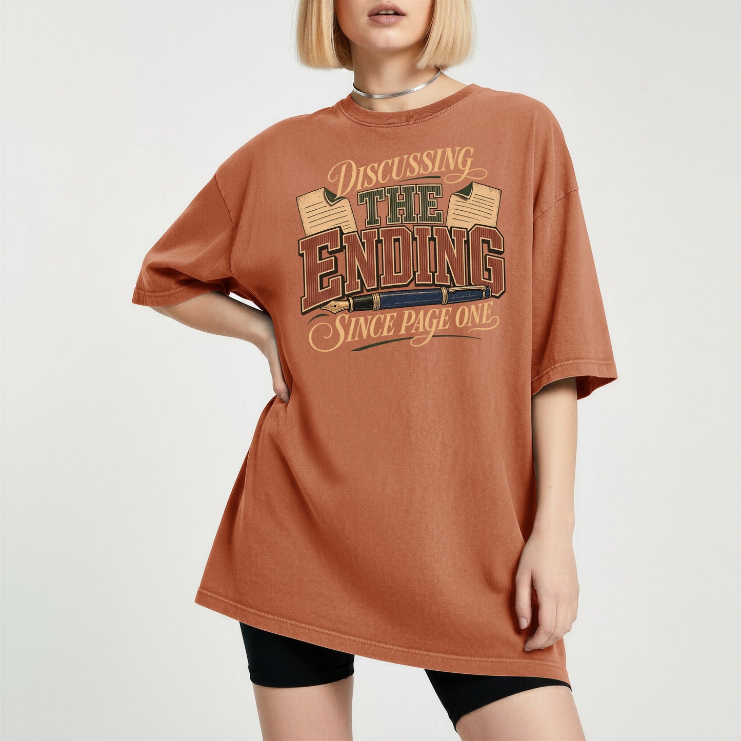 Discussing the Ending Since Page One bookish tee in Yam, worn
