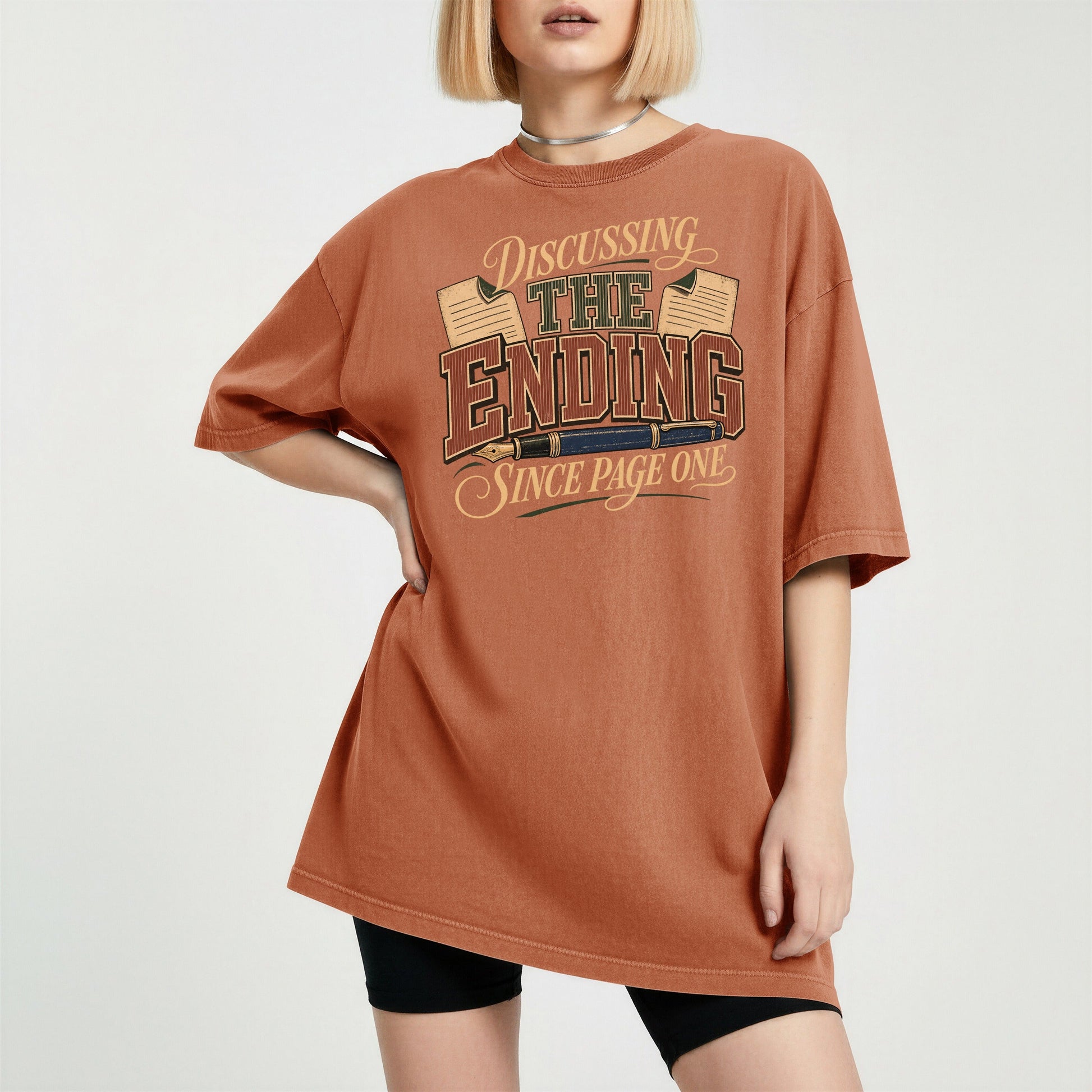 Discussing the Ending Since Page One bookish tee in Yam, worn