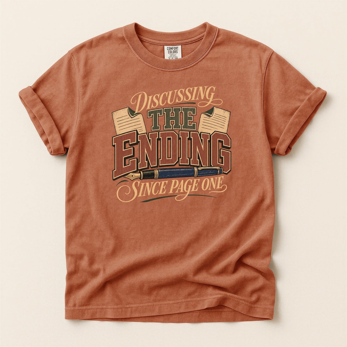 Discussing the Ending Since Page One bookish tee in Yam, full flat