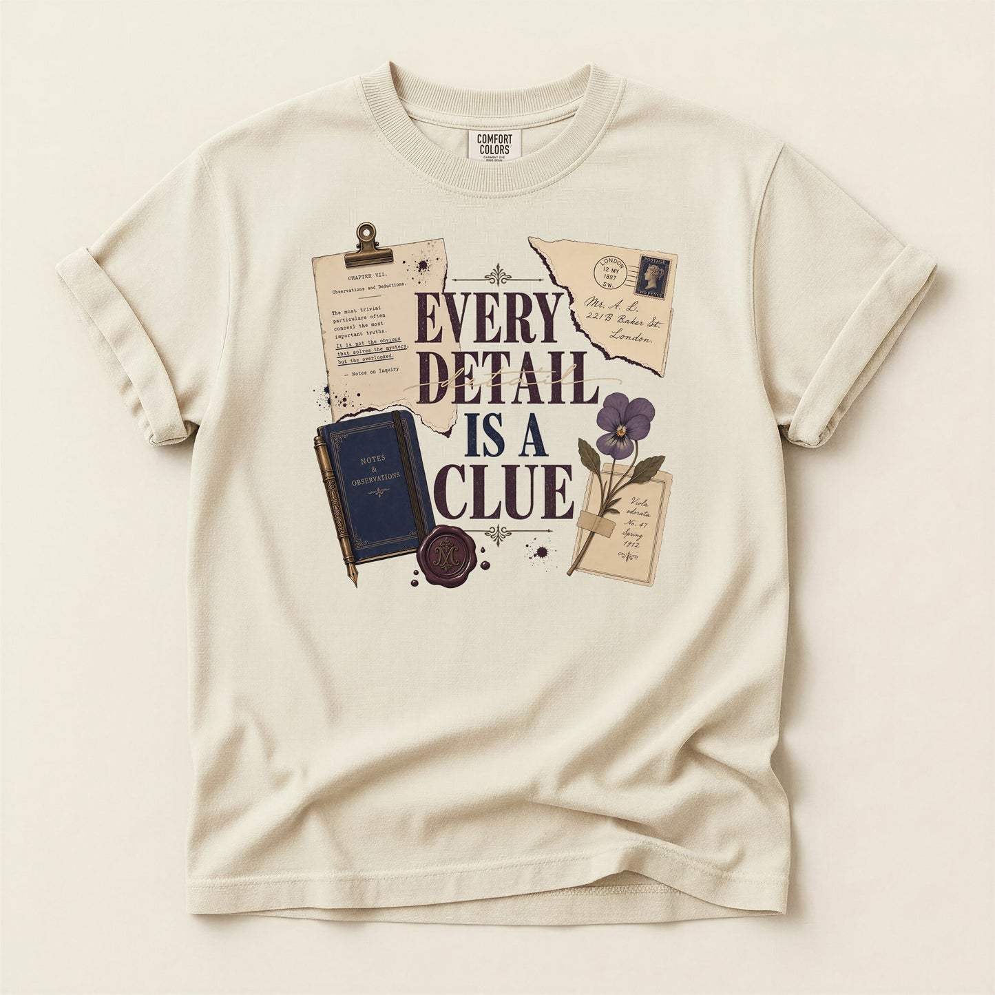 Every Detail Is a Clue bookish tee in Ivory, full flat