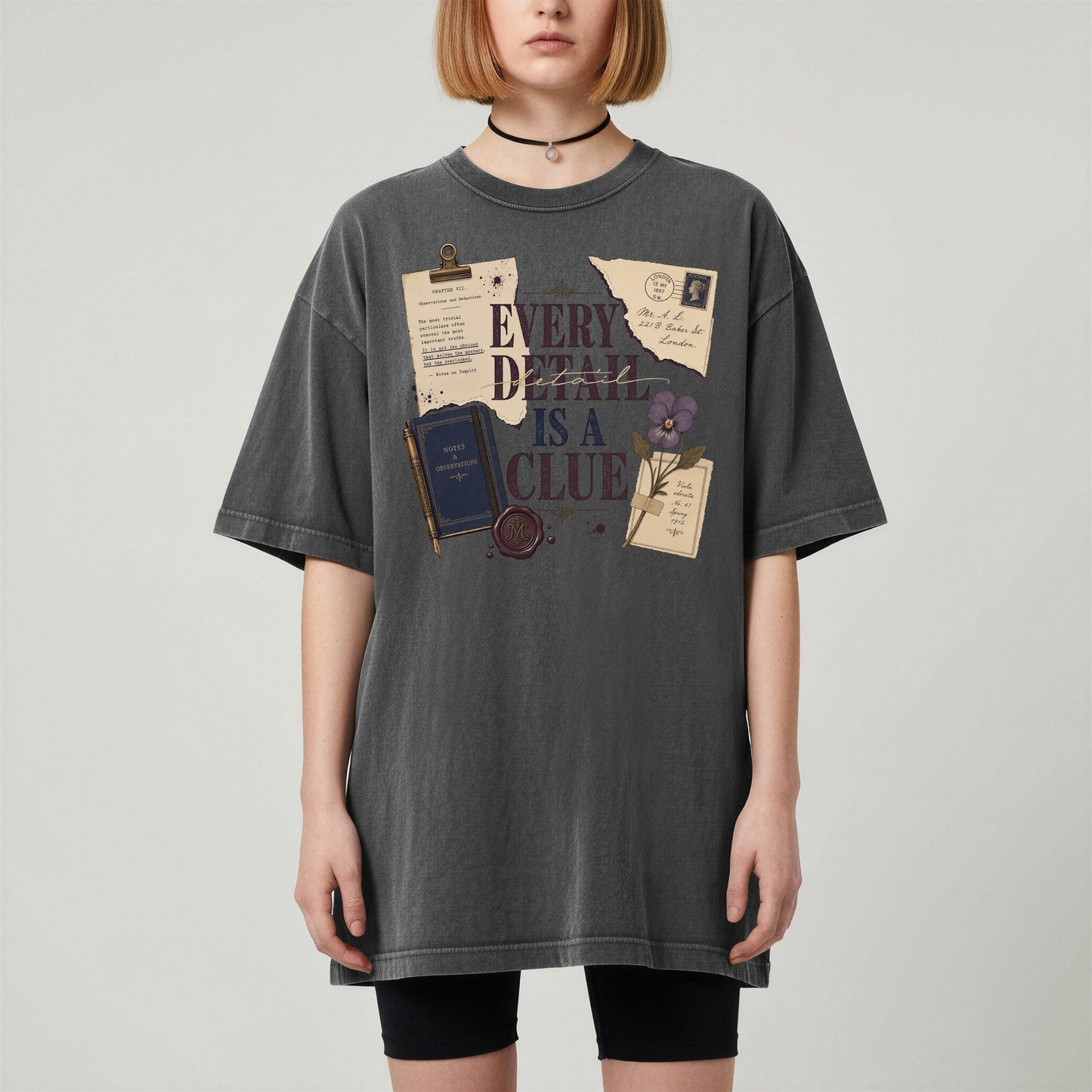 Every Detail Is a Clue bookish tee in Pepper, worn