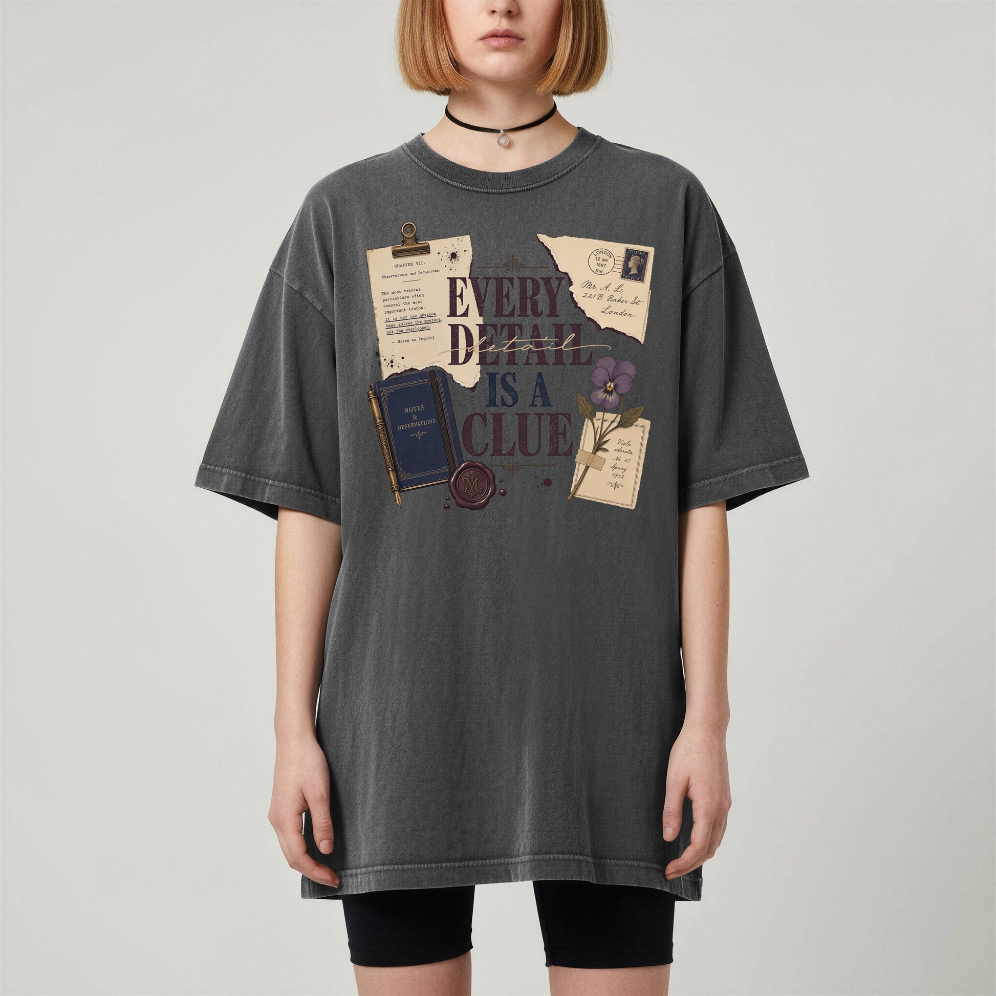 Every Detail Is a Clue bookish tee in Pepper, worn