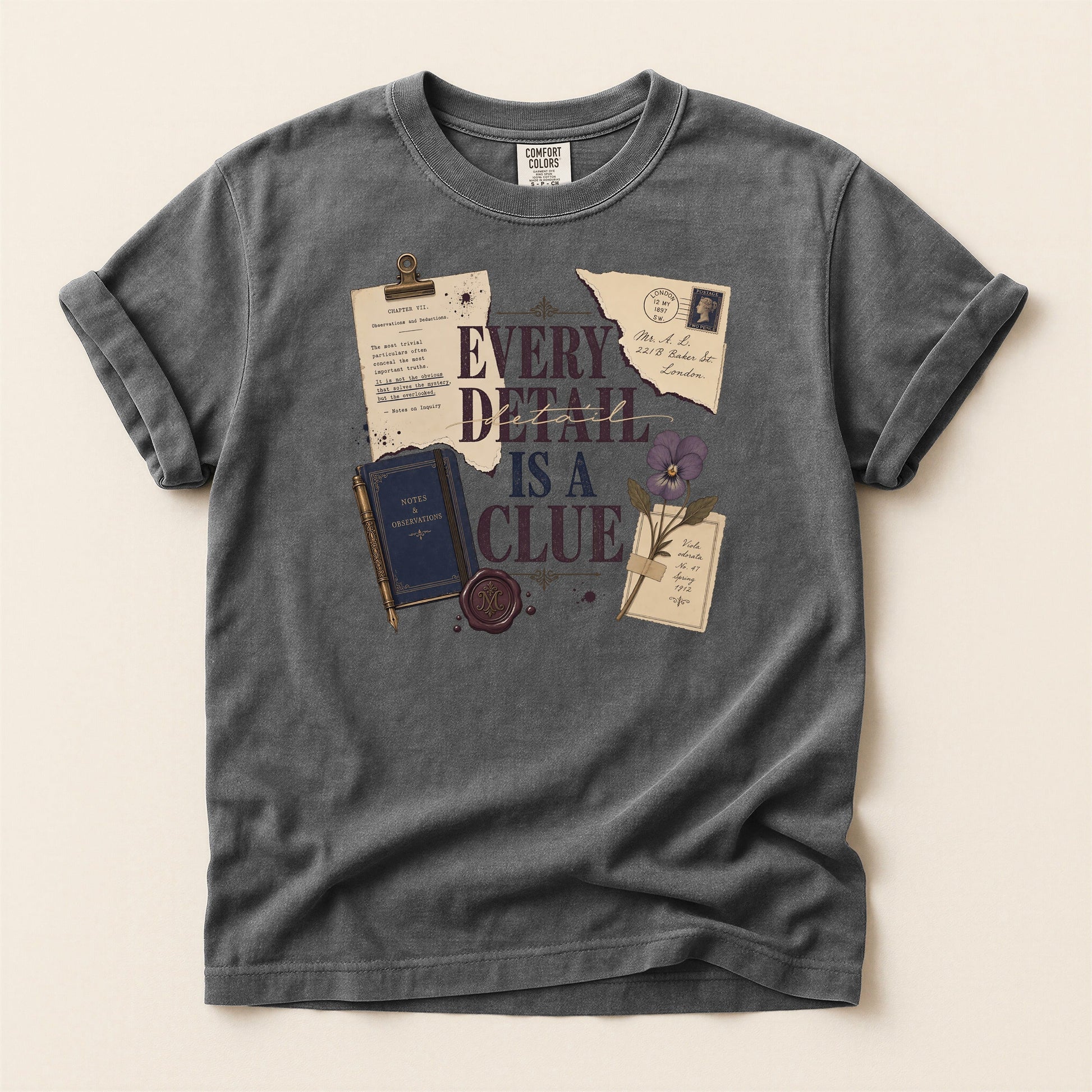 Every Detail Is a Clue bookish tee in Pepper, full flat