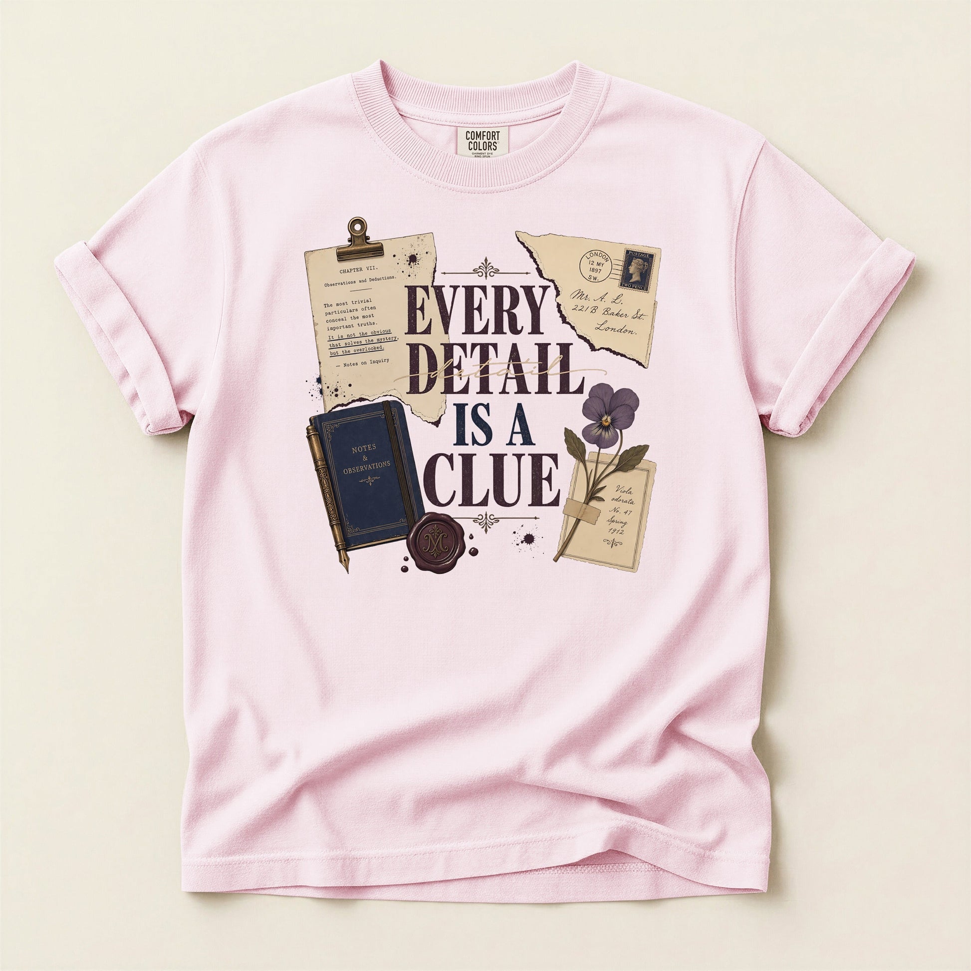 Every Detail Is a Clue bookish tee in Blossom, full flat