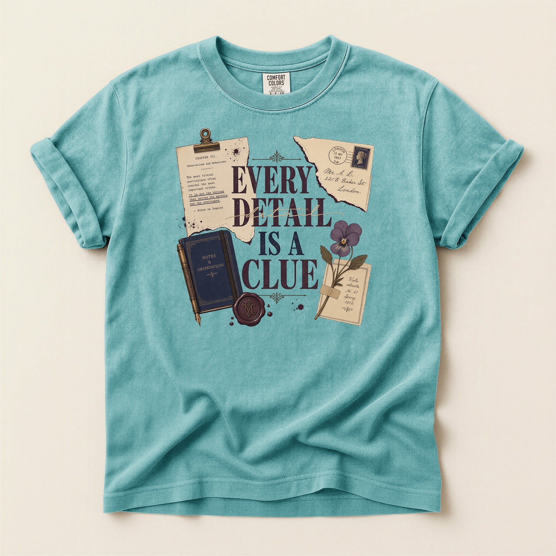 Every Detail Is a Clue bookish tee in Seafoam, full flat