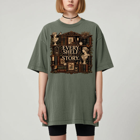 Every Shelf Has a Story bookish tee in Moss, worn
