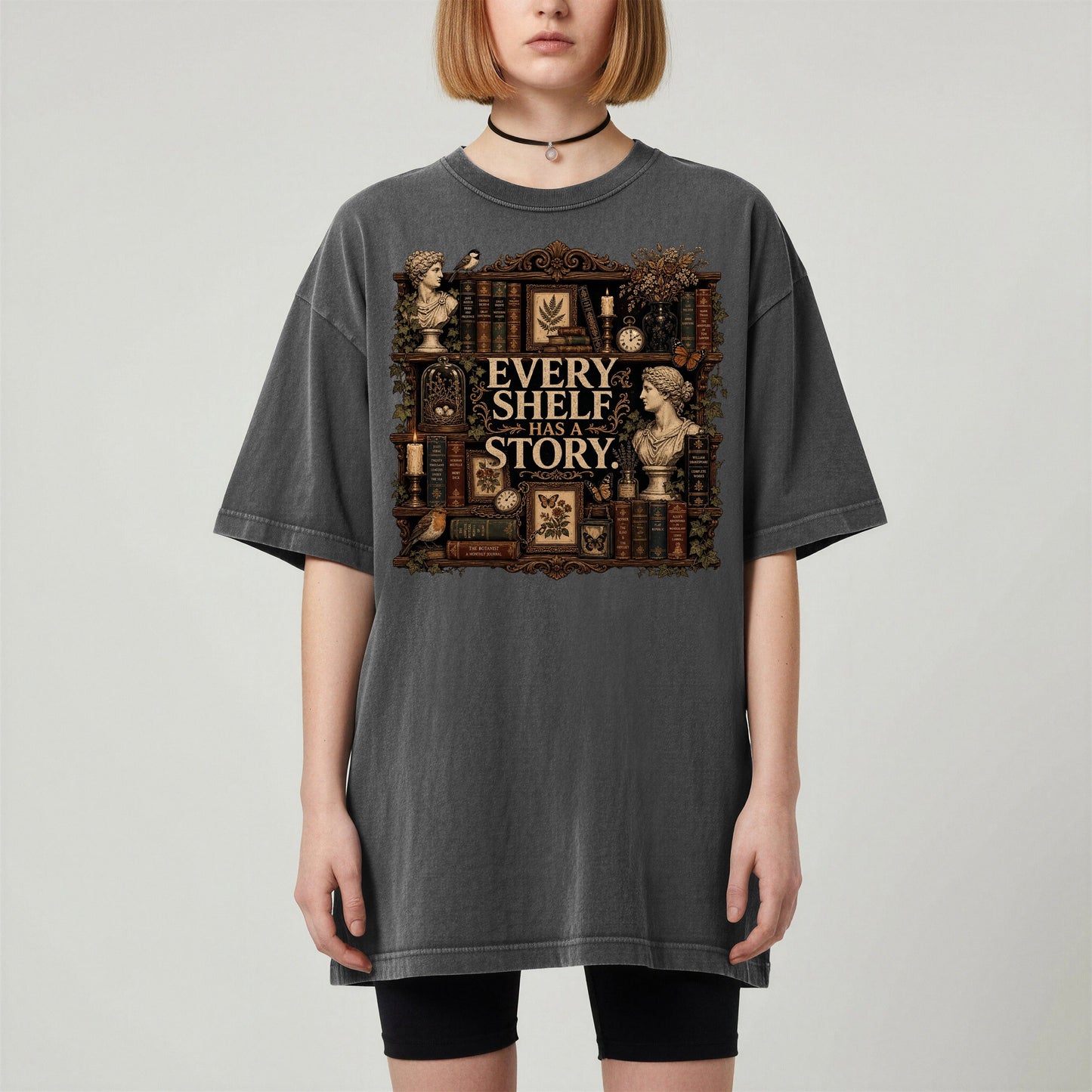 Every Shelf Has a Story bookish tee in Pepper, worn