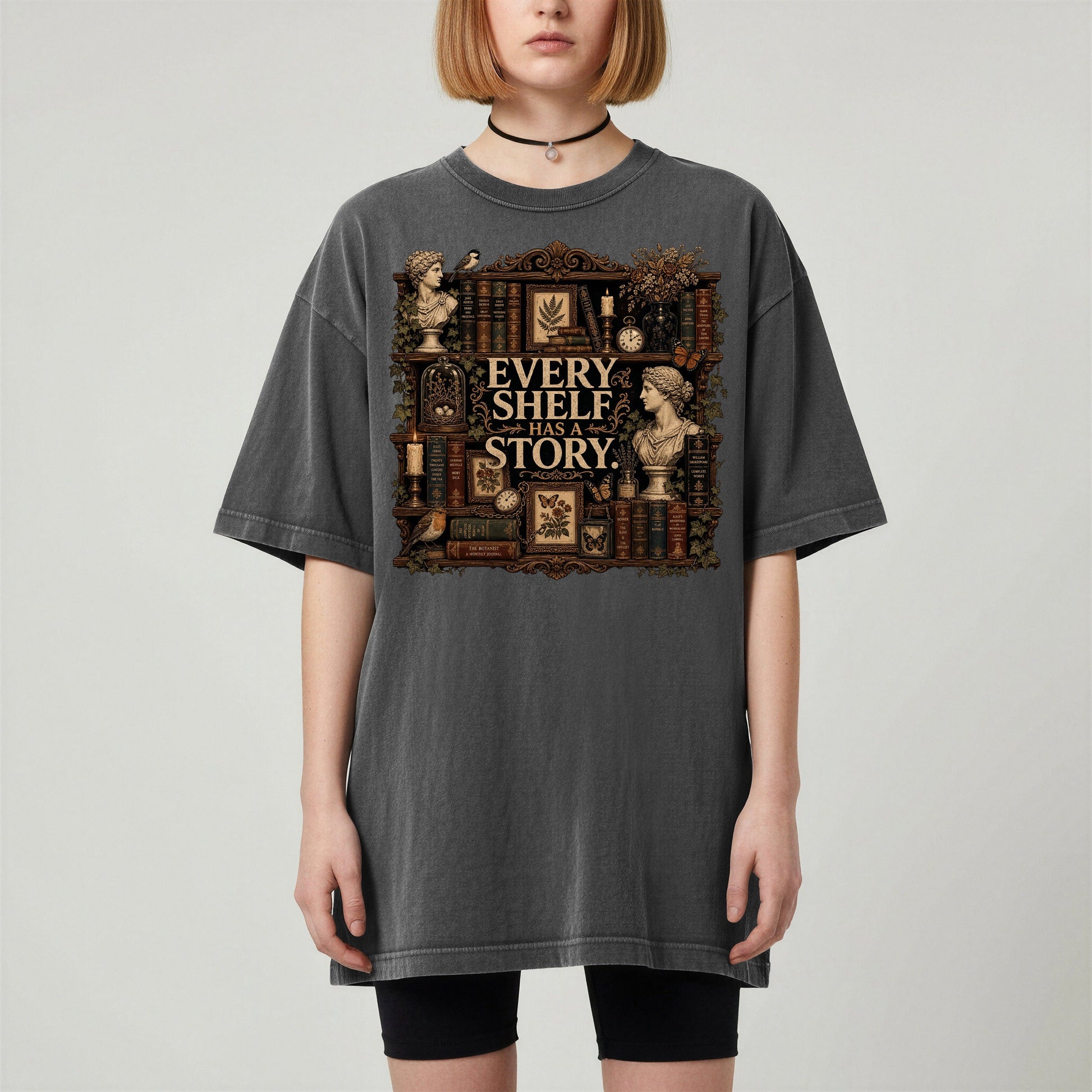 Every Shelf Has a Story bookish tee in Pepper, worn