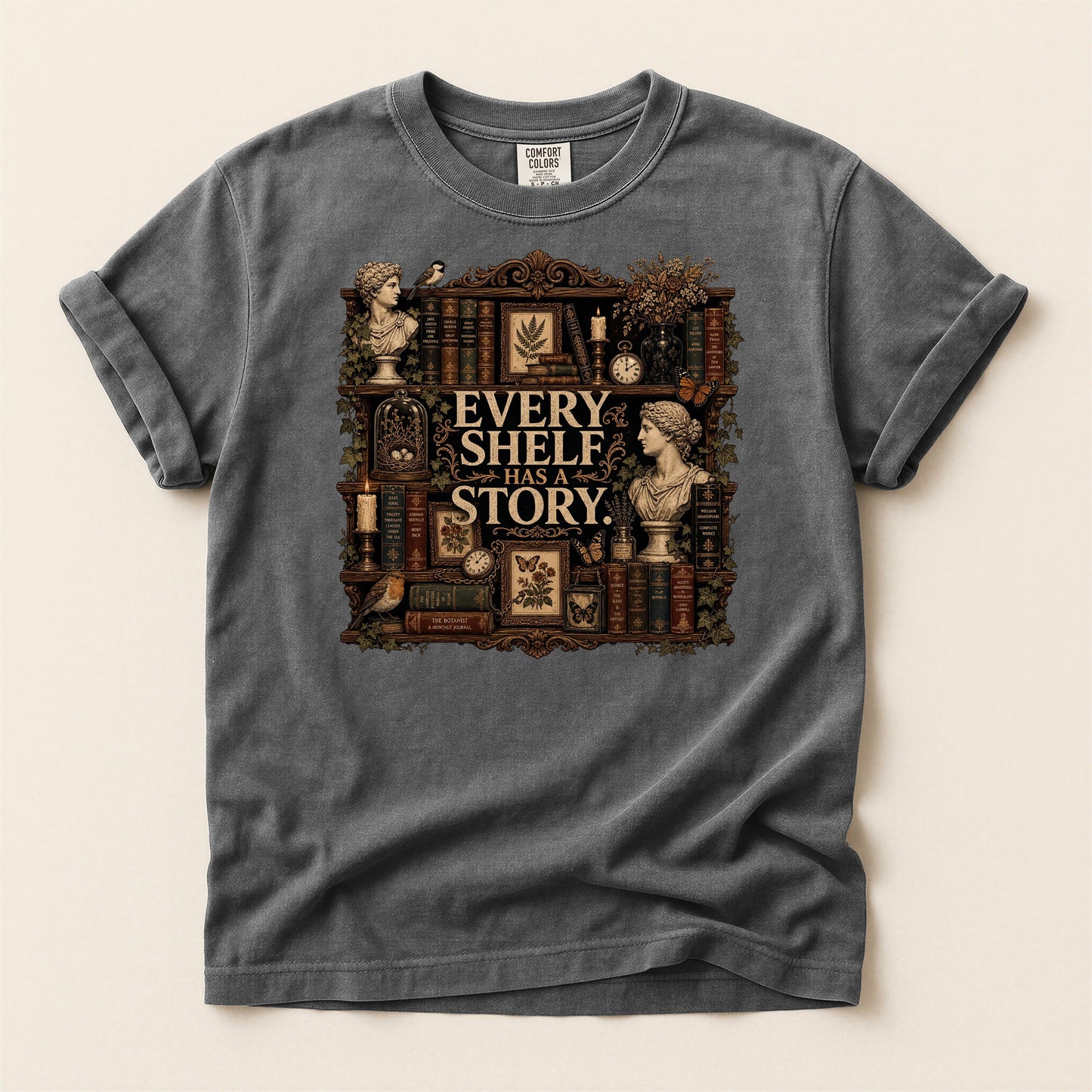 Every Shelf Has a Story bookish tee in Pepper, full flat