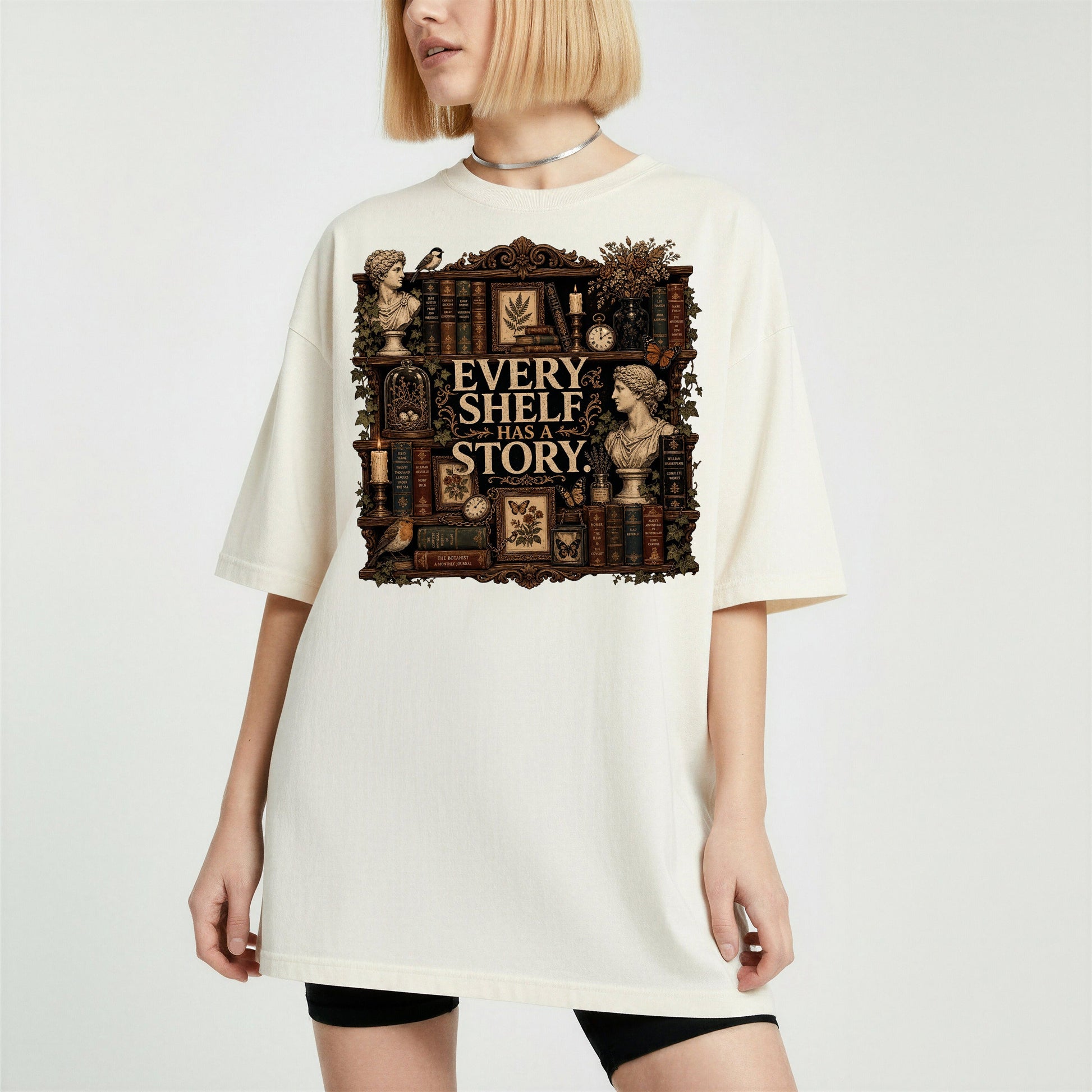 Every Shelf Has a Story bookish tee in Ivory, worn