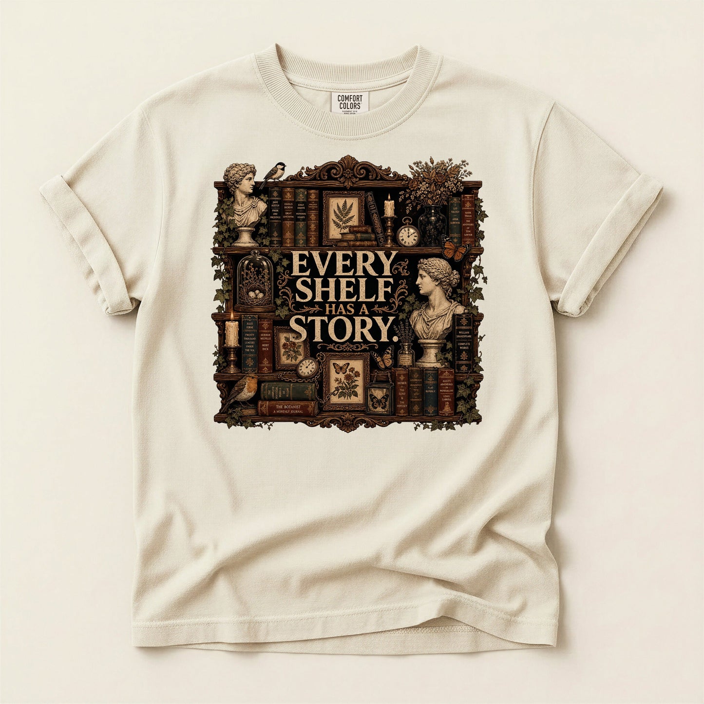 Every Shelf Has a Story bookish tee in Ivory, full flat
