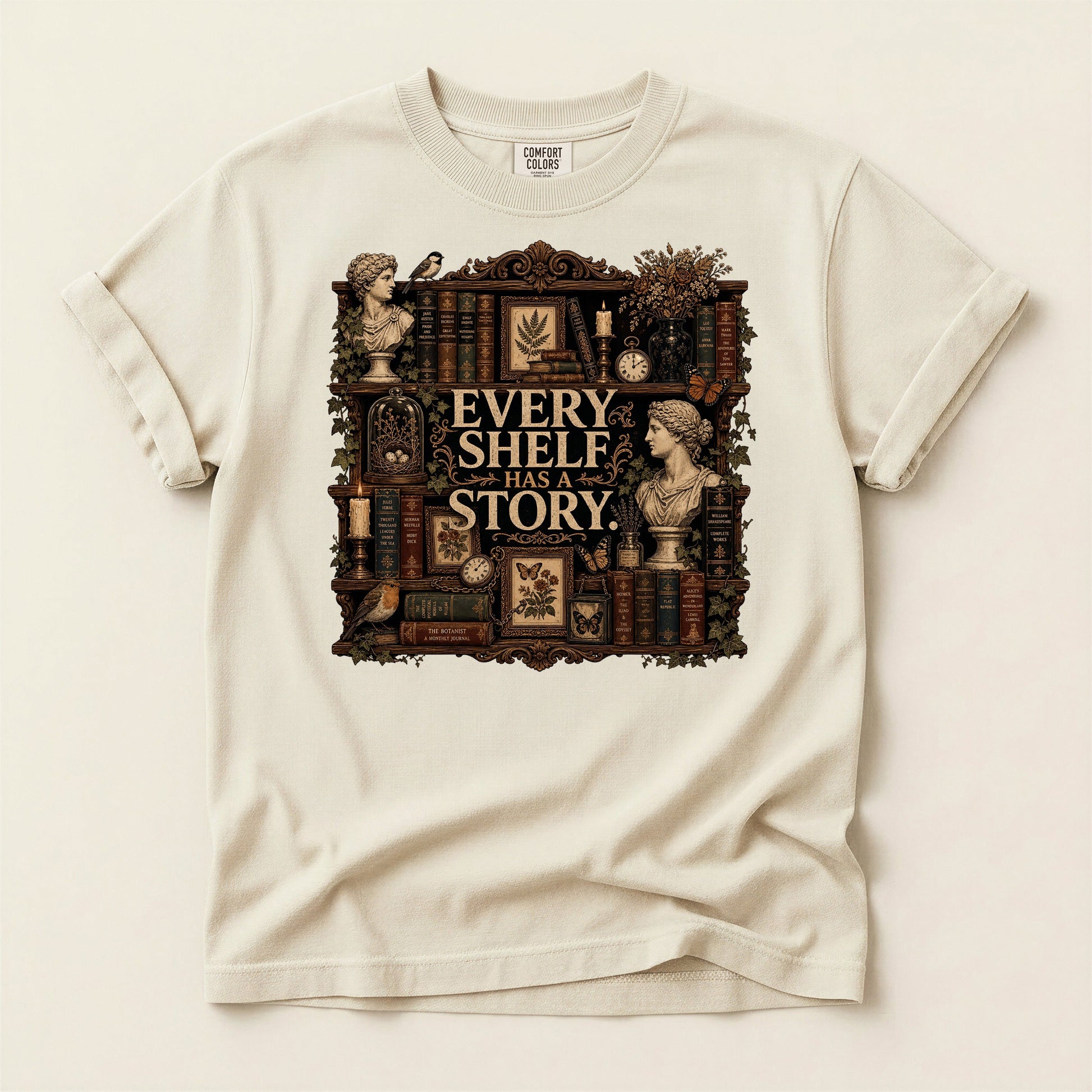 Every Shelf Has a Story bookish tee in Ivory, full flat