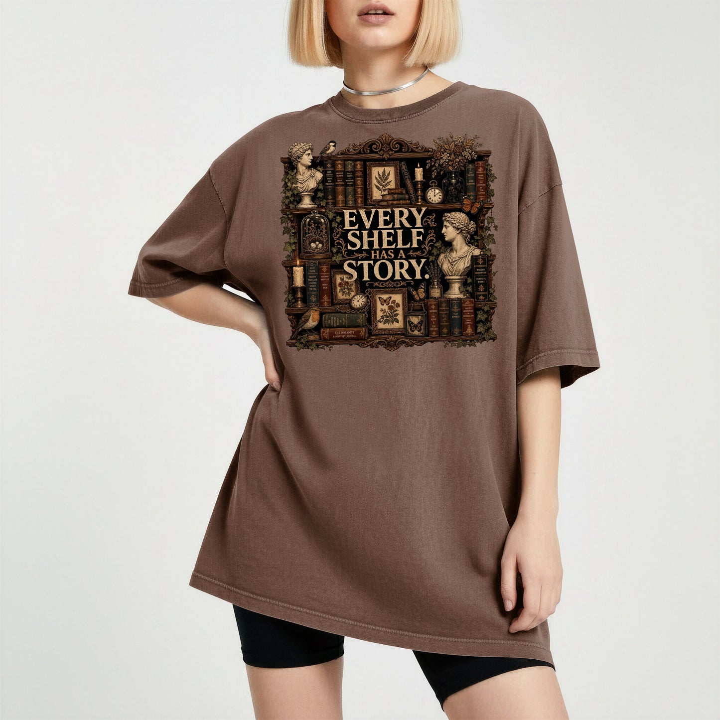 Every Shelf Has a Story bookish tee in Espresso, worn