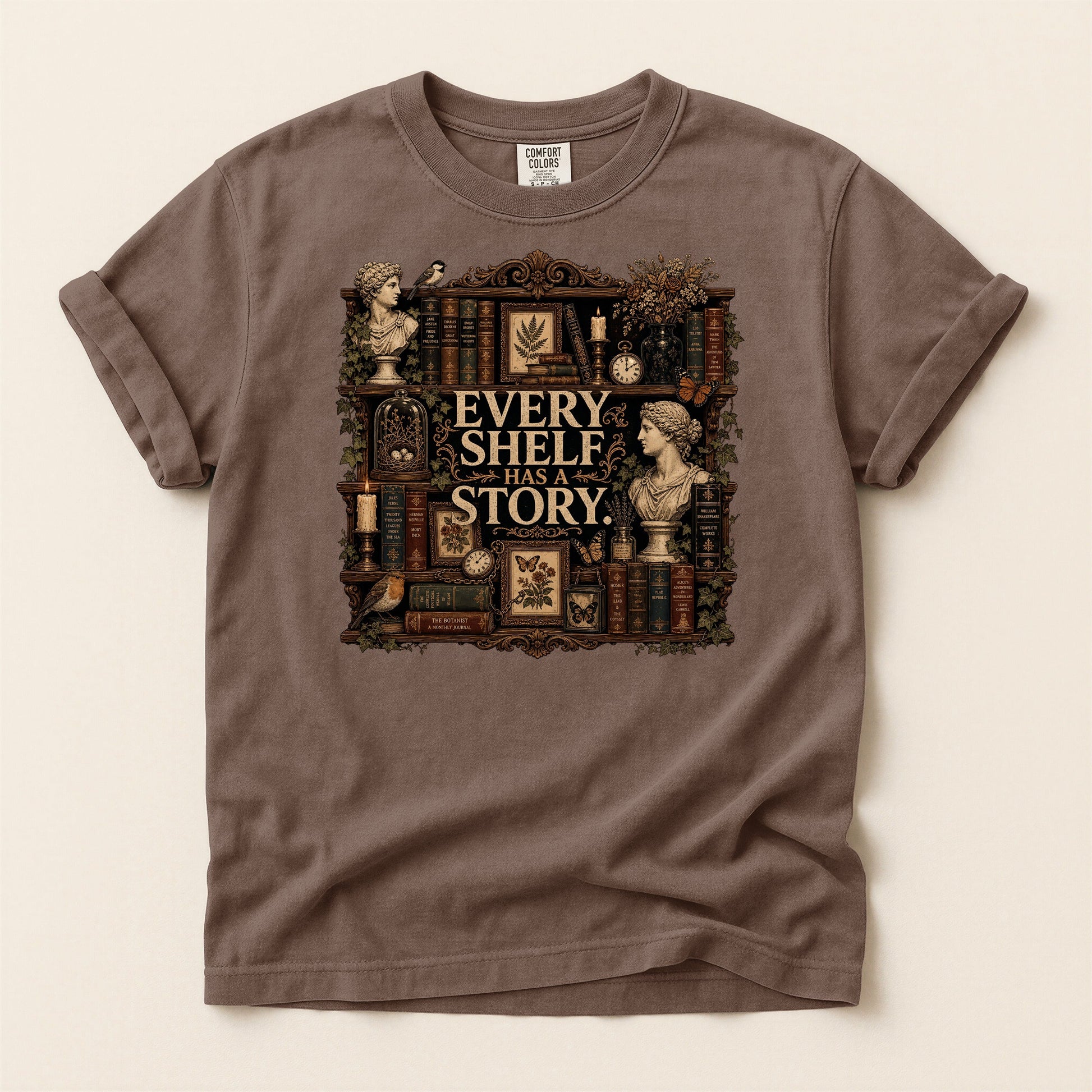 Every Shelf Has a Story bookish tee in Espresso, full flat