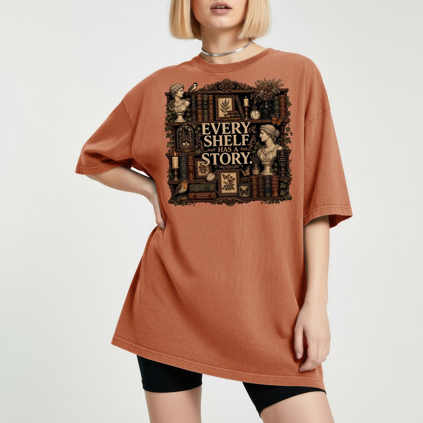 Every Shelf Has a Story bookish tee in Yam, worn