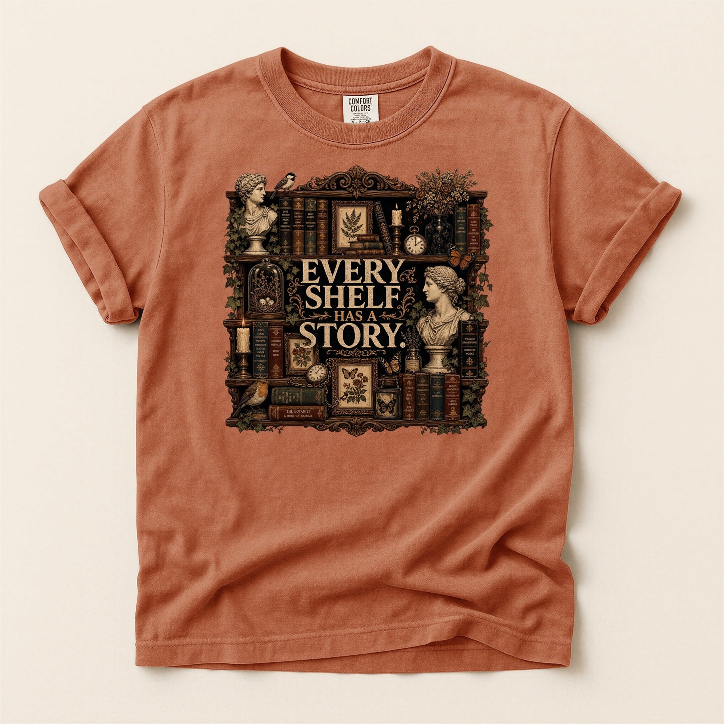 Every Shelf Has a Story bookish tee in Yam, full flat