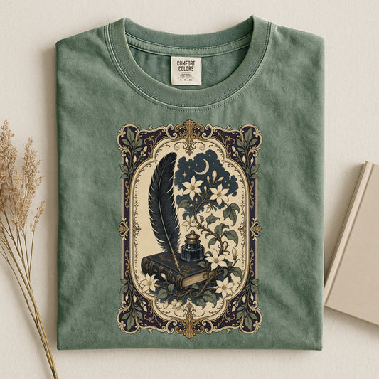 Feather & Wildflowers bookish tee in Moss, flat lay