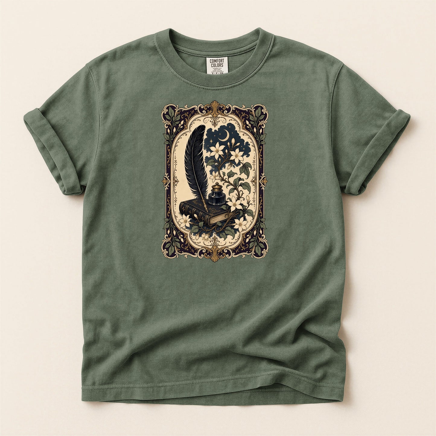 Feather & Wildflowers bookish tee in Moss, full flat