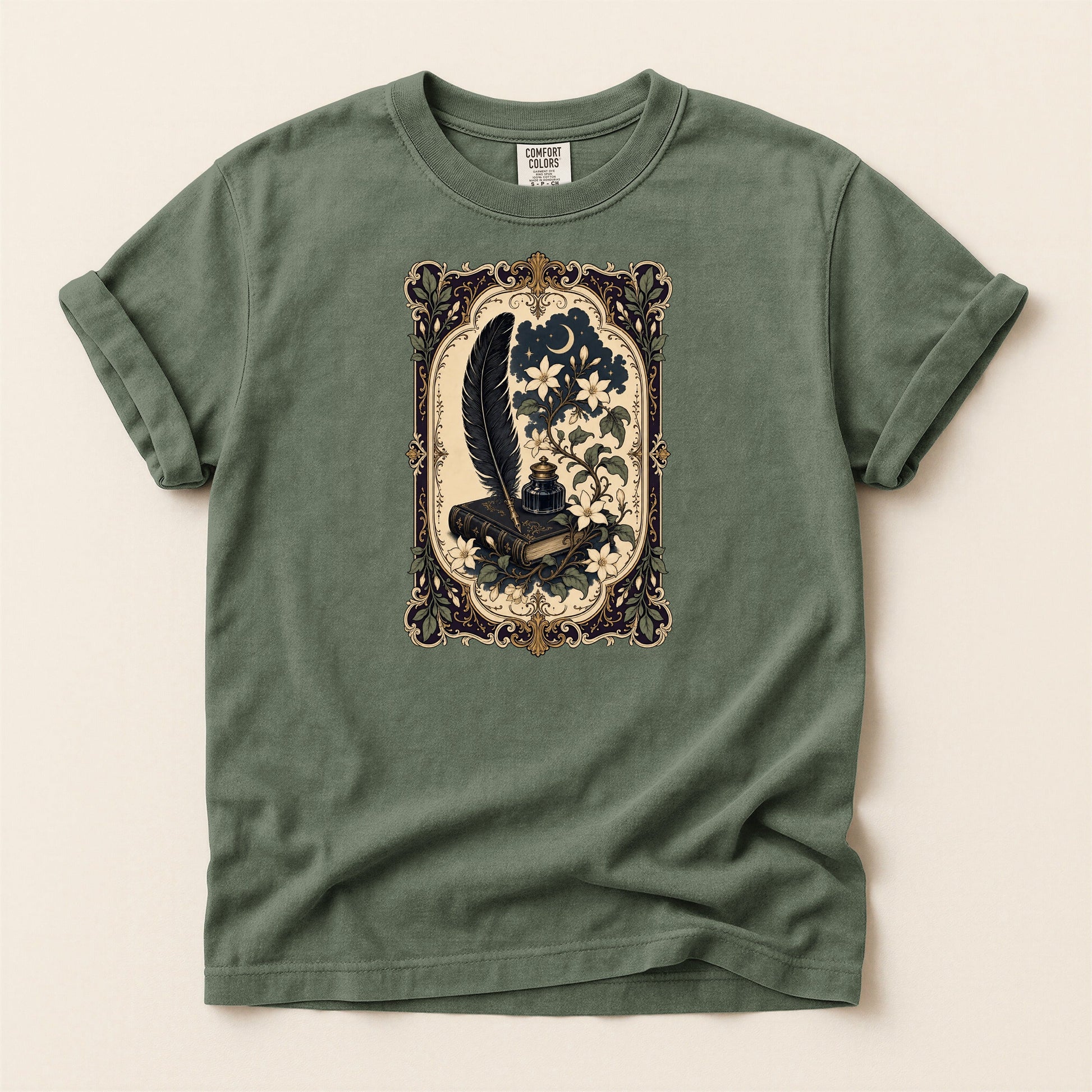 Feather & Wildflowers bookish tee in Moss, full flat