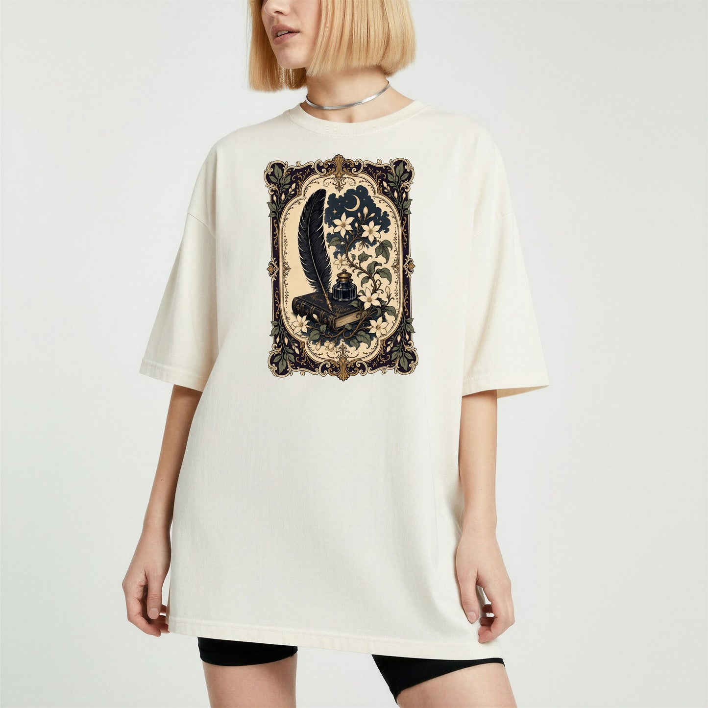 Feather & Wildflowers bookish tee in Ivory, worn