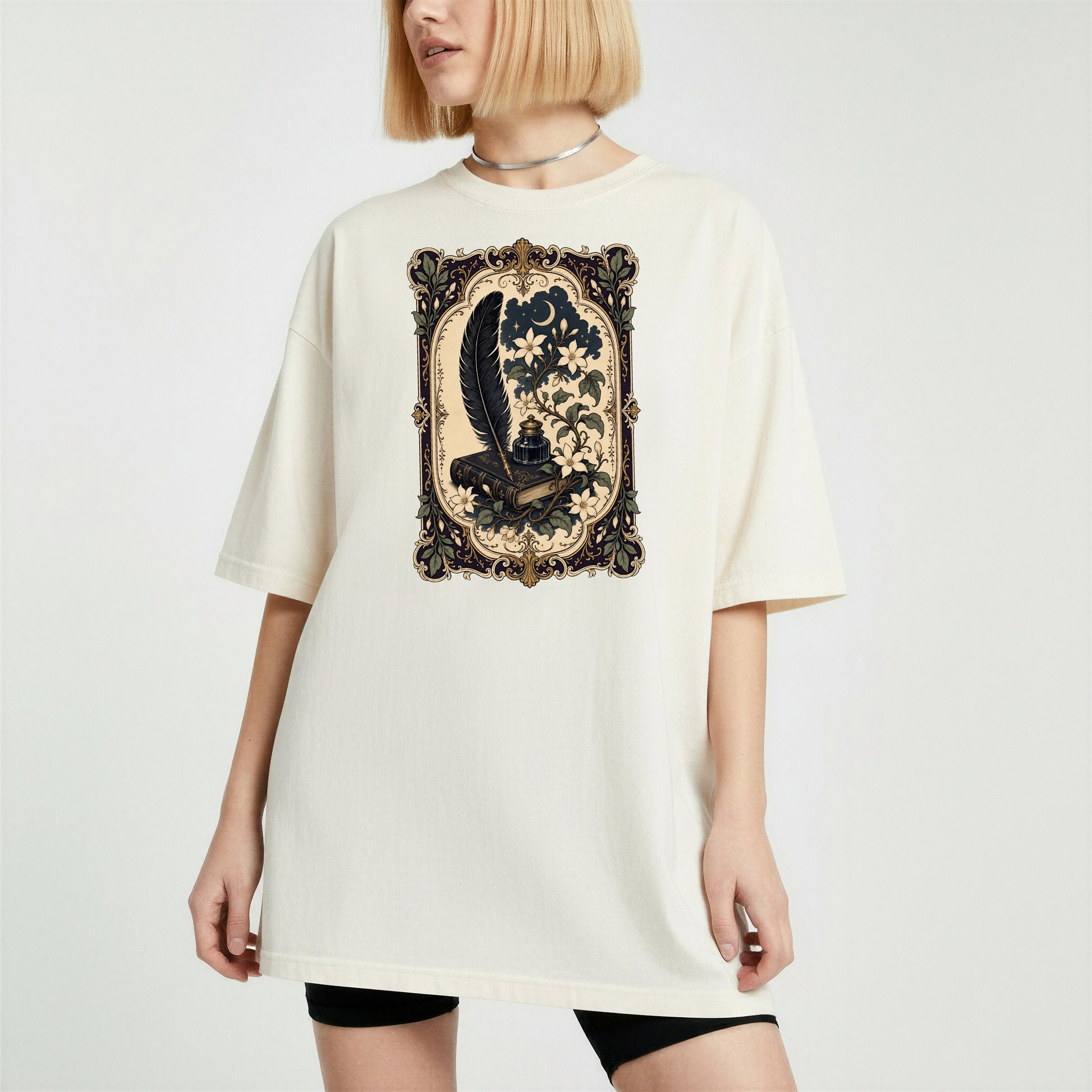 Feather & Wildflowers bookish tee in Ivory, worn